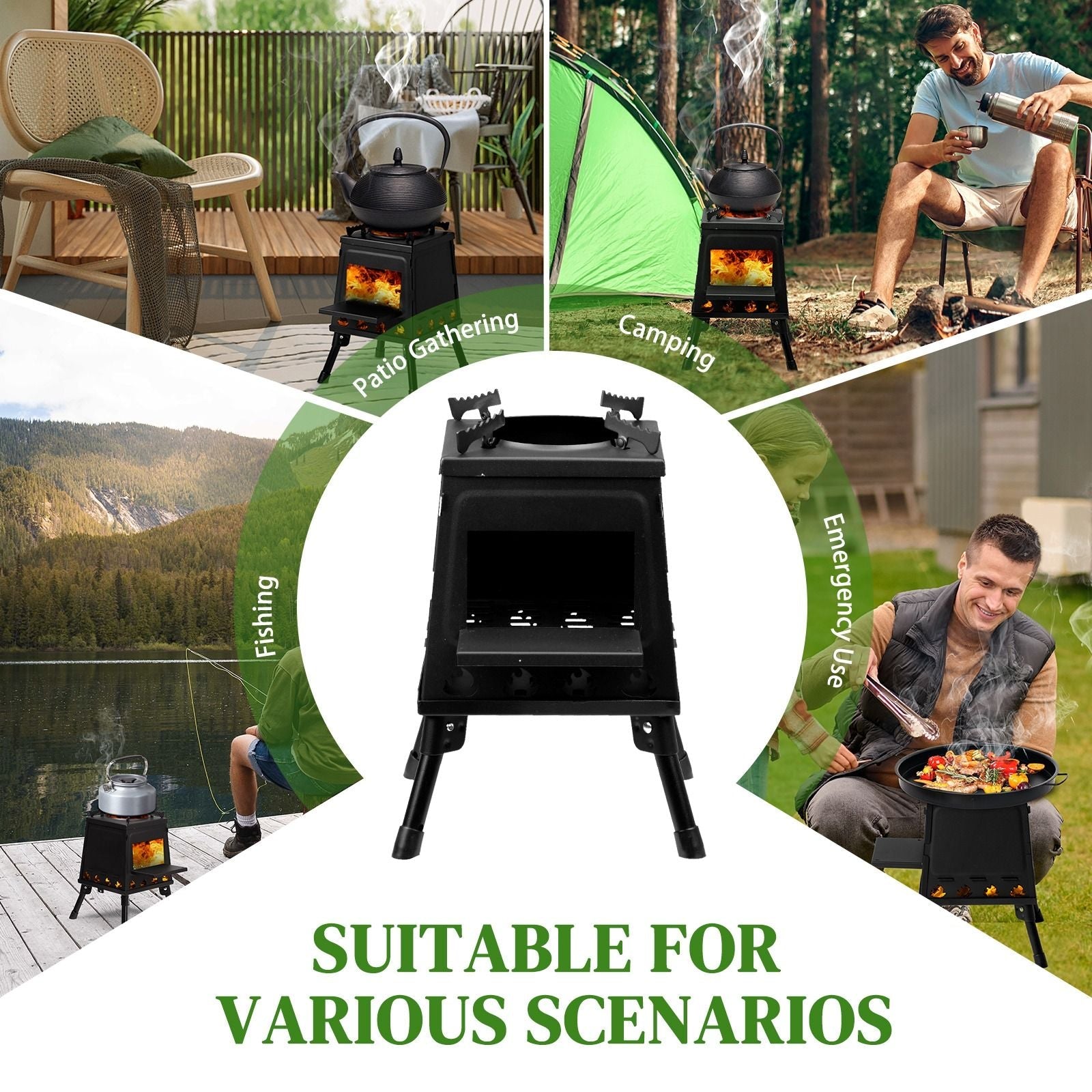 Portable Camping Stove with Detachable Iron Panels Black 27x27x34cm Lightweight Foldable Outdoor Wood Burning Fire Pit for Picnic BBQ Hiking Backpacking Compact Campfire Cooking Heater