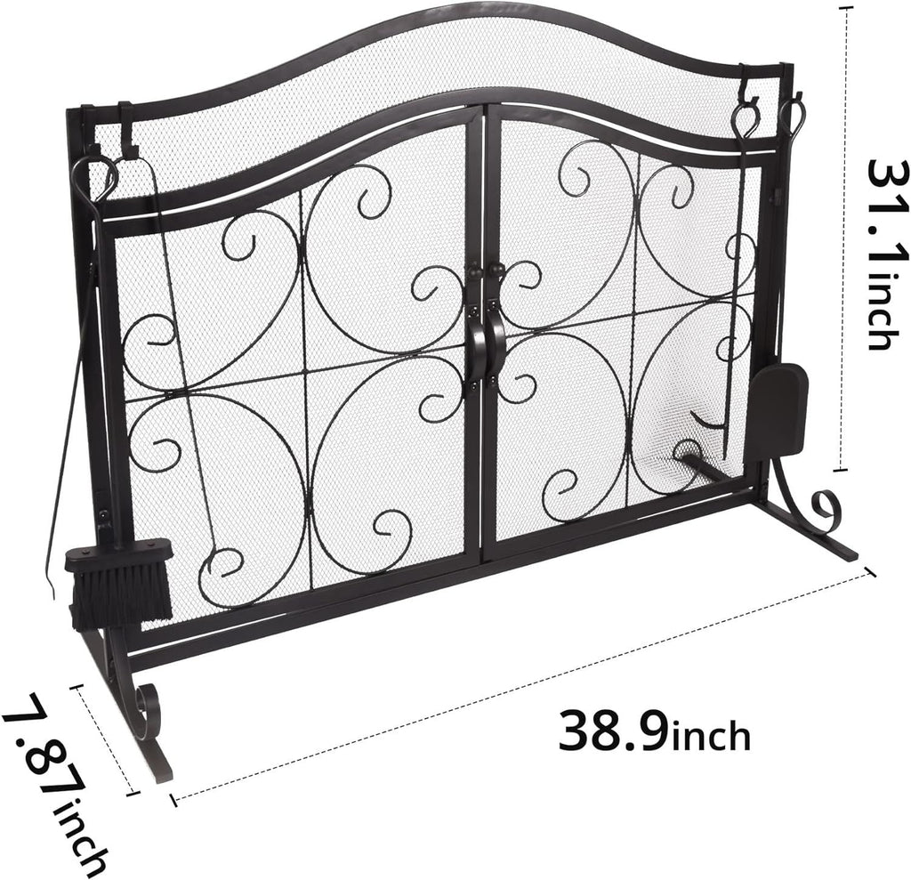 Fireplace Screen,  Metal Fire Place Cover Two-Doors Large Flat Guard Screens, Baby Safe Spark Guard Protector Wood Burning Stove Decorative Accessories