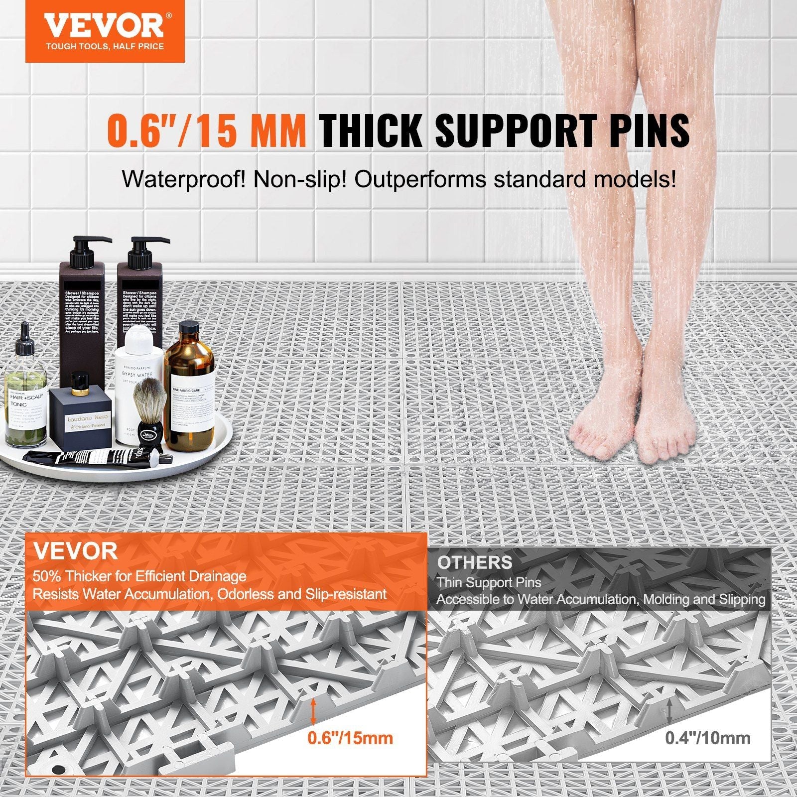 VEVOR Interlocking Tile 50PCS Gray, Drainage Tiles 12" x 12" Splicing, PVC Interlocking Drainage Floor Tiles, Non-Slip Drainage Holes for Restroom, Bathroom, Kitchen, Pool, Wet Areas