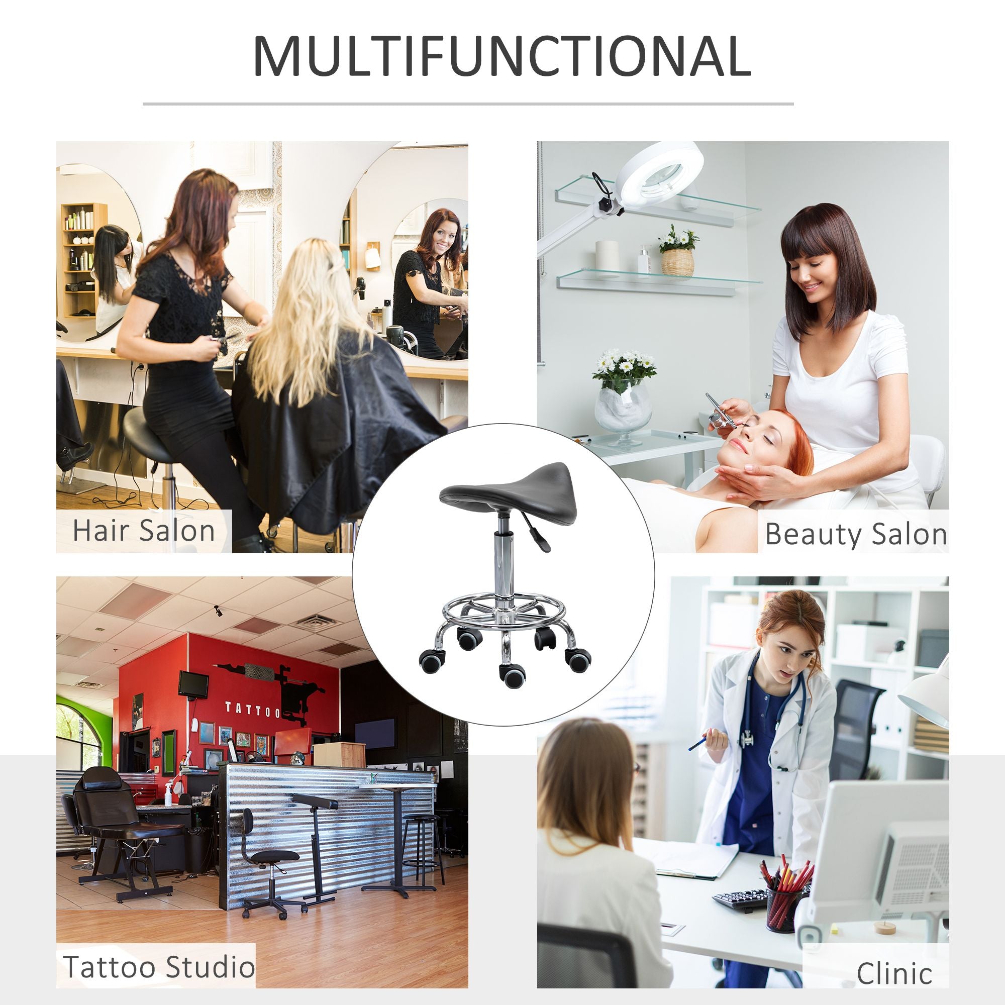 Saddle Stool PU Leather Adjustable Rolling Salon Chair Black for Massage Spa Clinic Beauty Tattoo