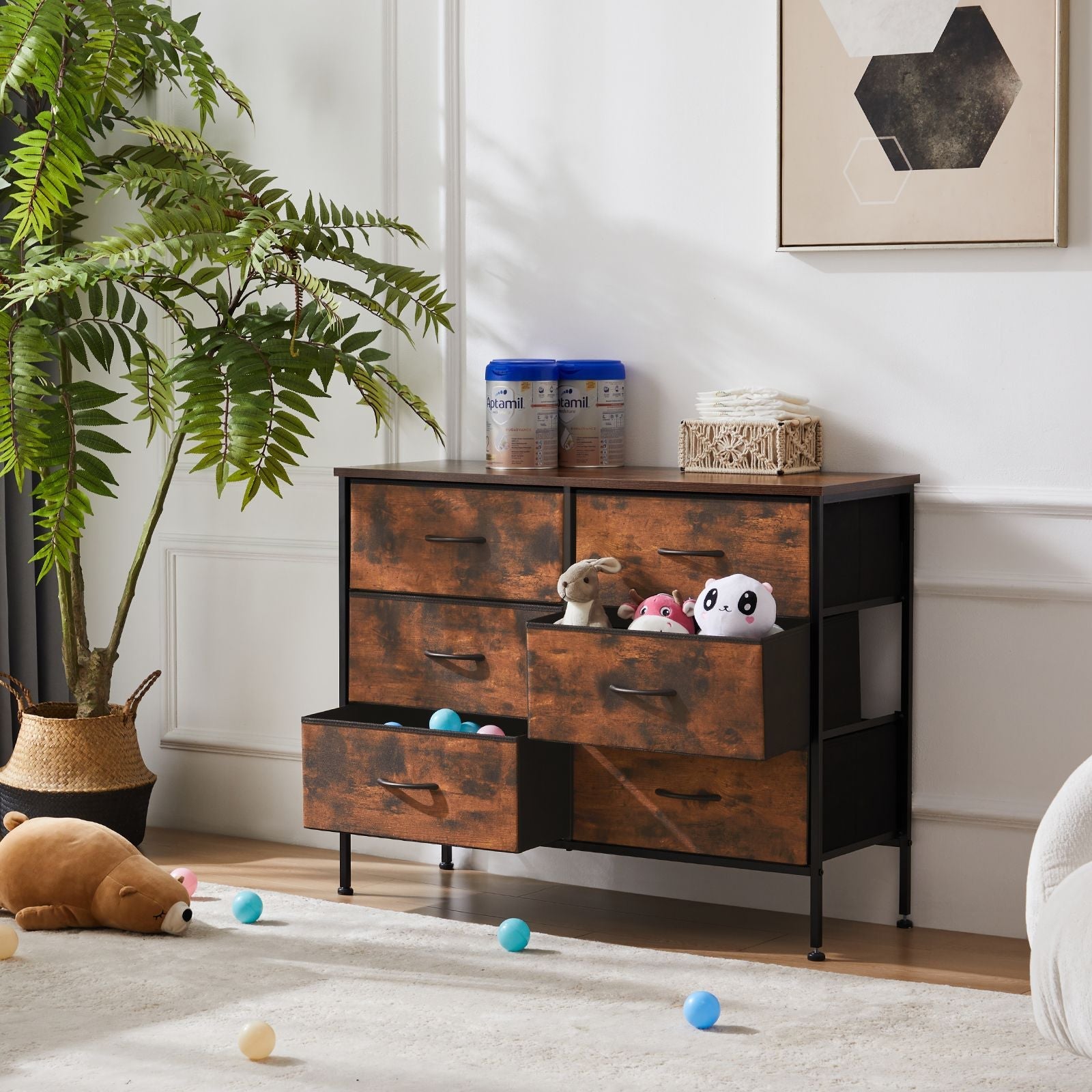 Dresser for Bedroom 6 Drawers Wide Fabric Storage Units Chest of Drawers for Bedroom with Metal Frame and Wooden Top for TV