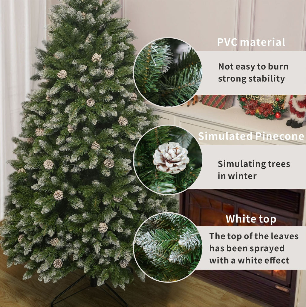 7FT PVC Christmas Tree, 1435 Snow-Covered Branches Tips with Pinecones, Environmentally Friendly Artificial