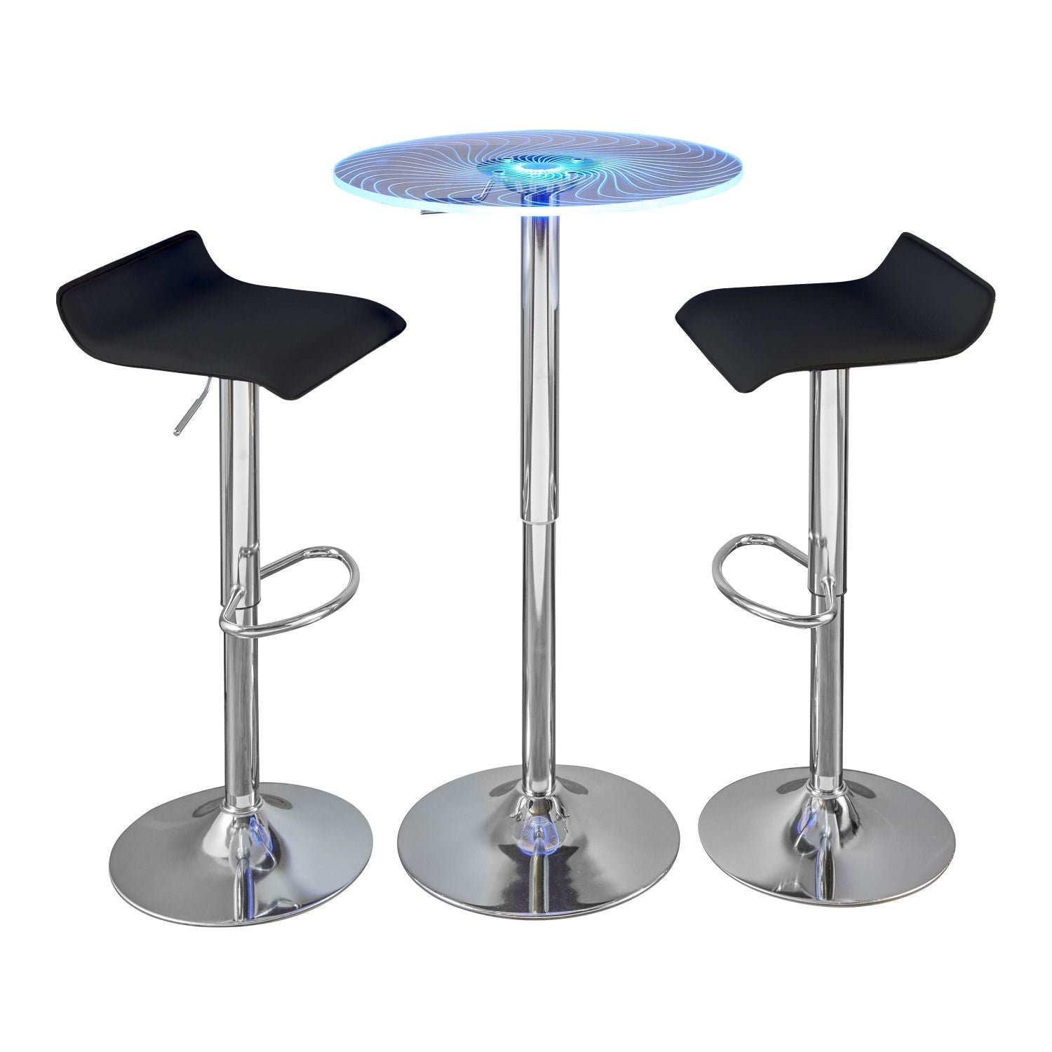 Spyra-Ale Contemporary Adjustable Bar Set in Chrome Metal, Clear Acrylic with Light Up Tabletop, and Black PVC by - 3 Piece