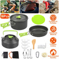 Camping Cooking Ware Set of 16Pcs Camping Stove Cookware Kit Aluminum Kettle with Bowls Knife Fork Spoon Carabiner Spatula Cutting Board for Hiking Picnic Outdoor