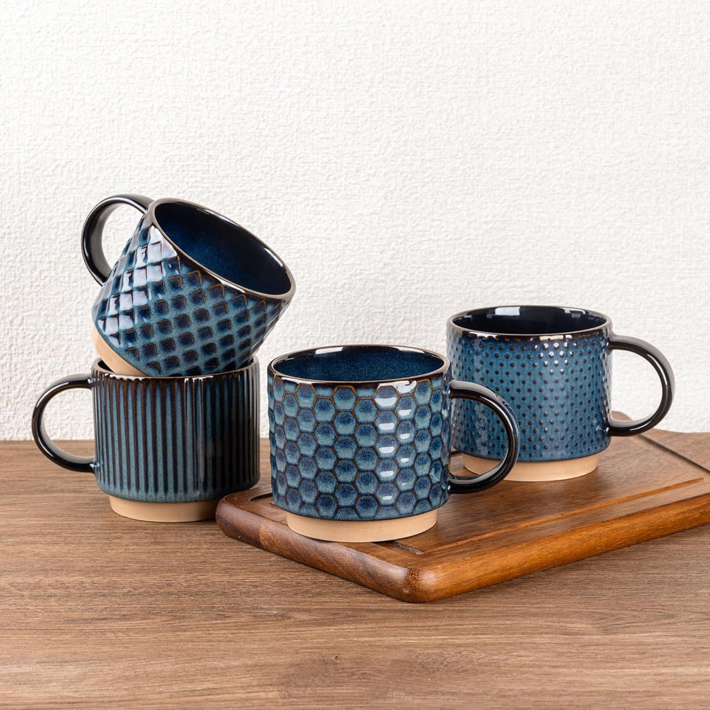 12 OZ Stackable Coffee Mugs, Ceramic Coffee Mugs with Texture Patterns for Man,Woman,Dad,Mom, Modern Coffee Mugs Set of 4 for Latte/Cappuccino/Cocoa. Dishwasher&Microwave Safe