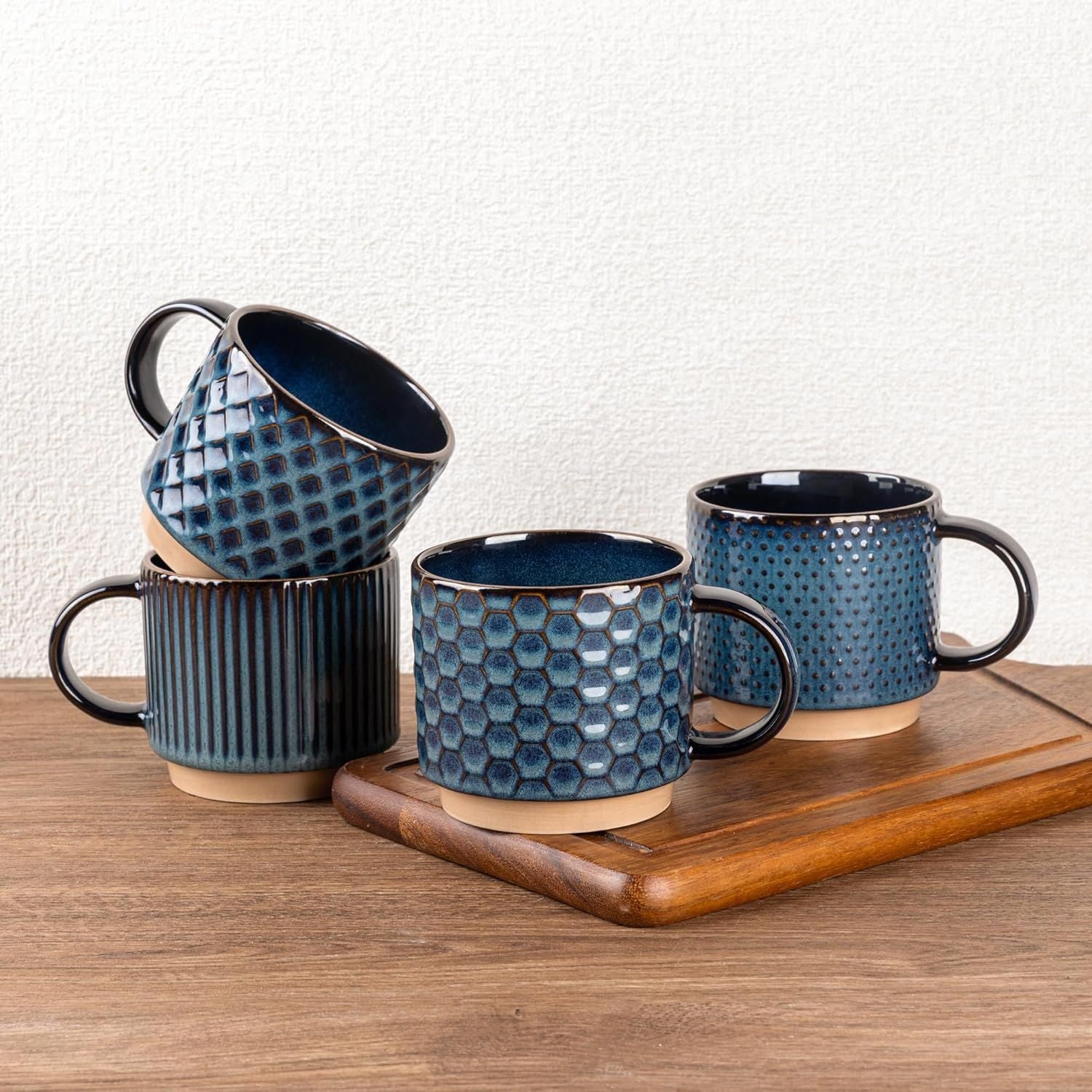 12 OZ Stackable Coffee Mugs, Ceramic Coffee Mugs with Texture Patterns for Man,Woman,Dad,Mom, Modern Coffee Mugs Set of 4 for Latte/Cappuccino/Cocoa. Dishwasher&Microwave Safe