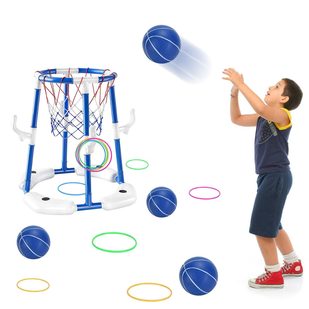 Summer Pool Basketball Hoop Toy Set With 4 Basketballs 4 Circles Pump Floating Swimming Pool Basketball Games Poolside Water Play Toy For 3-12Years Old Kids Adults