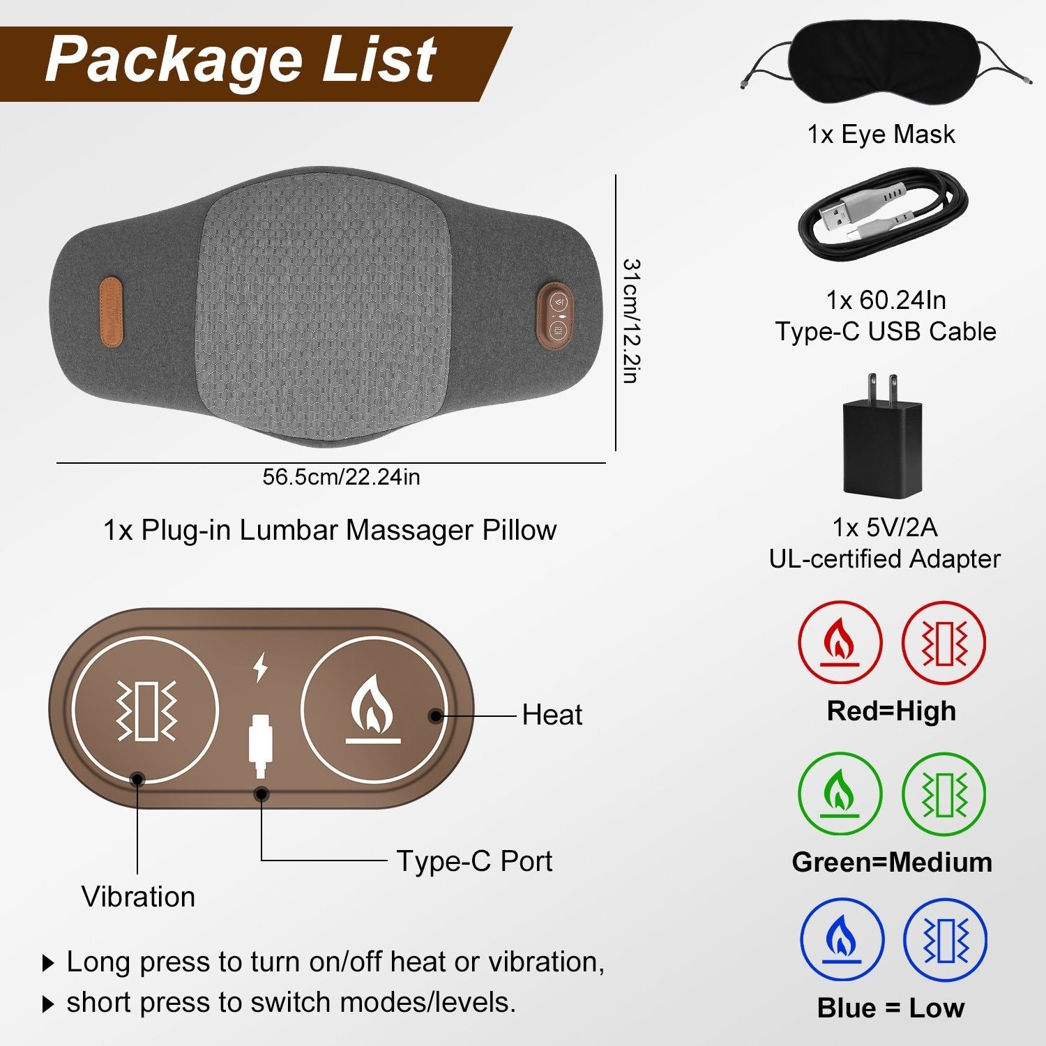 2 In 1 Electric Lumbar Massager Support Pillow Memory Foam Lower Back Massager with Heat Vibration Adapter for Pain Relief