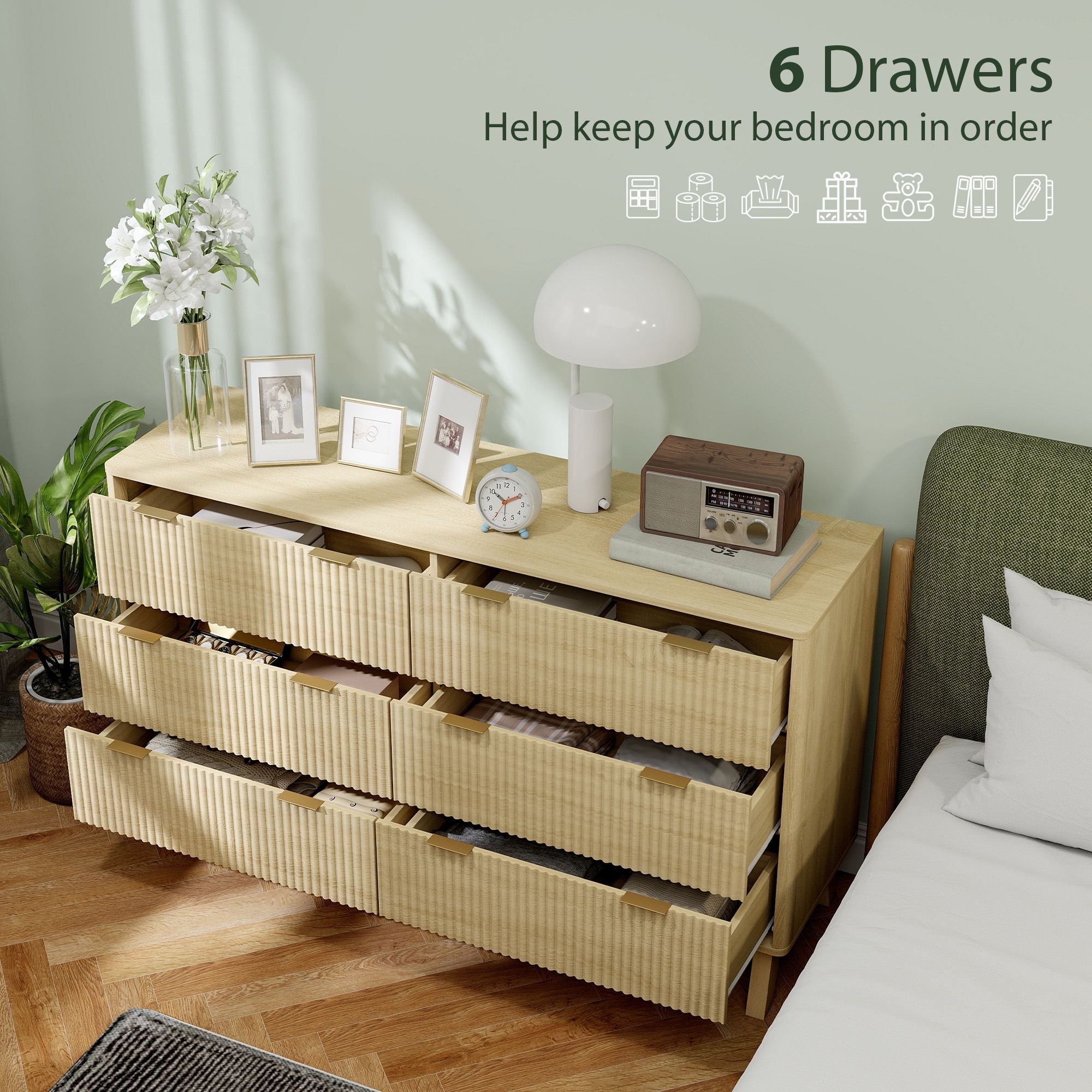 HOMCOM 6 Drawer Double Dresser for Bedroom, Fluted Chest of Drawers with Gold Finger Pulls and 5 Wood Legs, Natural Wood