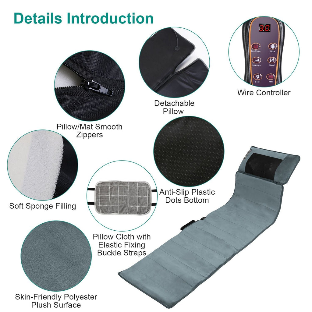 Full Body Electric Massage Mat with Heat Vibration Massage Pad Cushion Back Massage Mattress Chair Pad with Neck Massage Pillow with 10 Vibration Moto