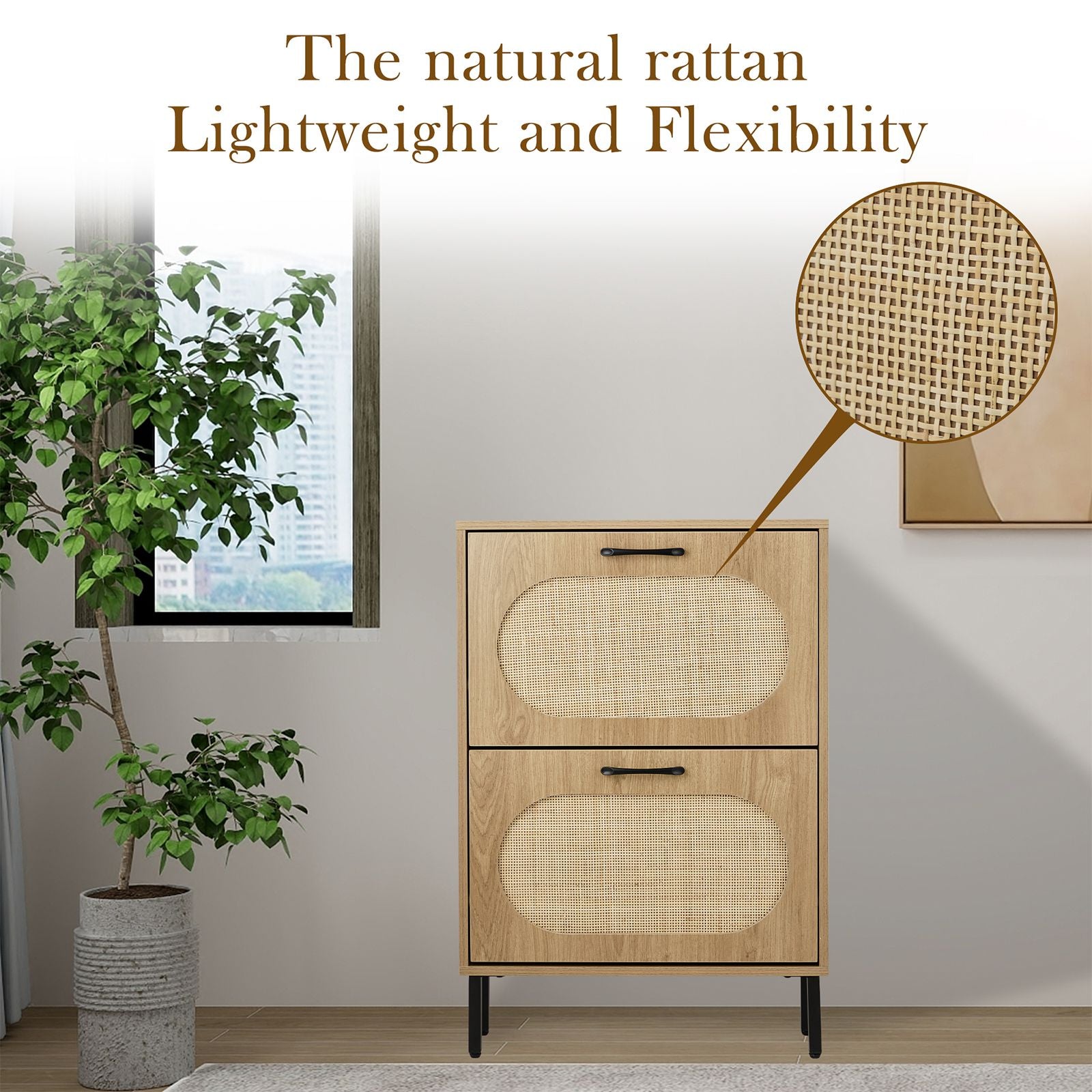 Rattan Shoe Cabinet with 2 Flip Doors, Narrow Freestanding Shoe Organizer, Modern Narrow Shoe Storage Cabinet with Metal Legs for Entryway, Hallway, Closet (Natural)