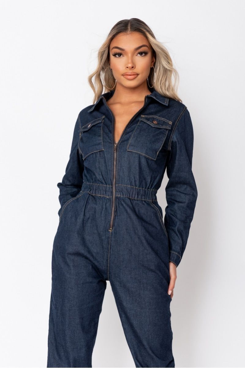 Indigo Zip Front Elasticated Hem Long Sleeve Denim Jumpsuit