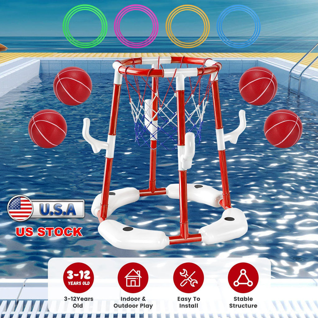 Summer Pool Basketball Hoop Toy Set With 4 Basketballs 4 Circles Pump Floating Swimming Pool Basketball Games Poolside Water Play Toy For 3-12Years Old Kids Adults