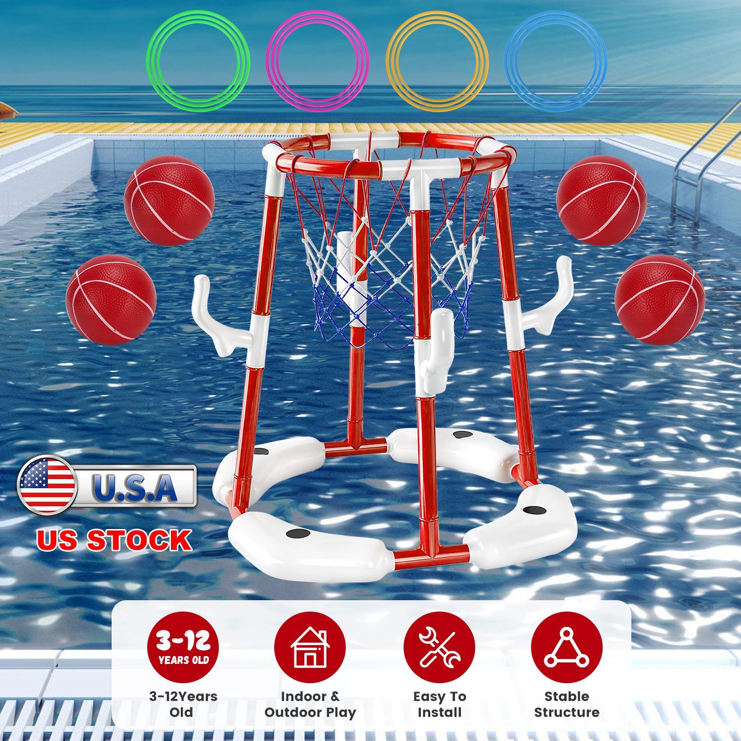 Summer Pool Basketball Hoop Toy Set With 4 Basketballs 4 Circles Pump Floating Swimming Pool Basketball Games Poolside Water Play Toy For 3-12Years Old Kids Adults