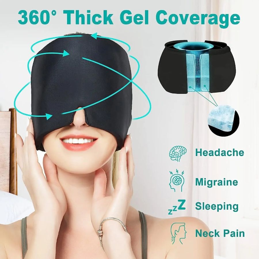 360° Migraine Relief Gel Hat - Hot Cold Therapy Pain Mask for Instant Relief & Pressure Release with Eye Masks Included