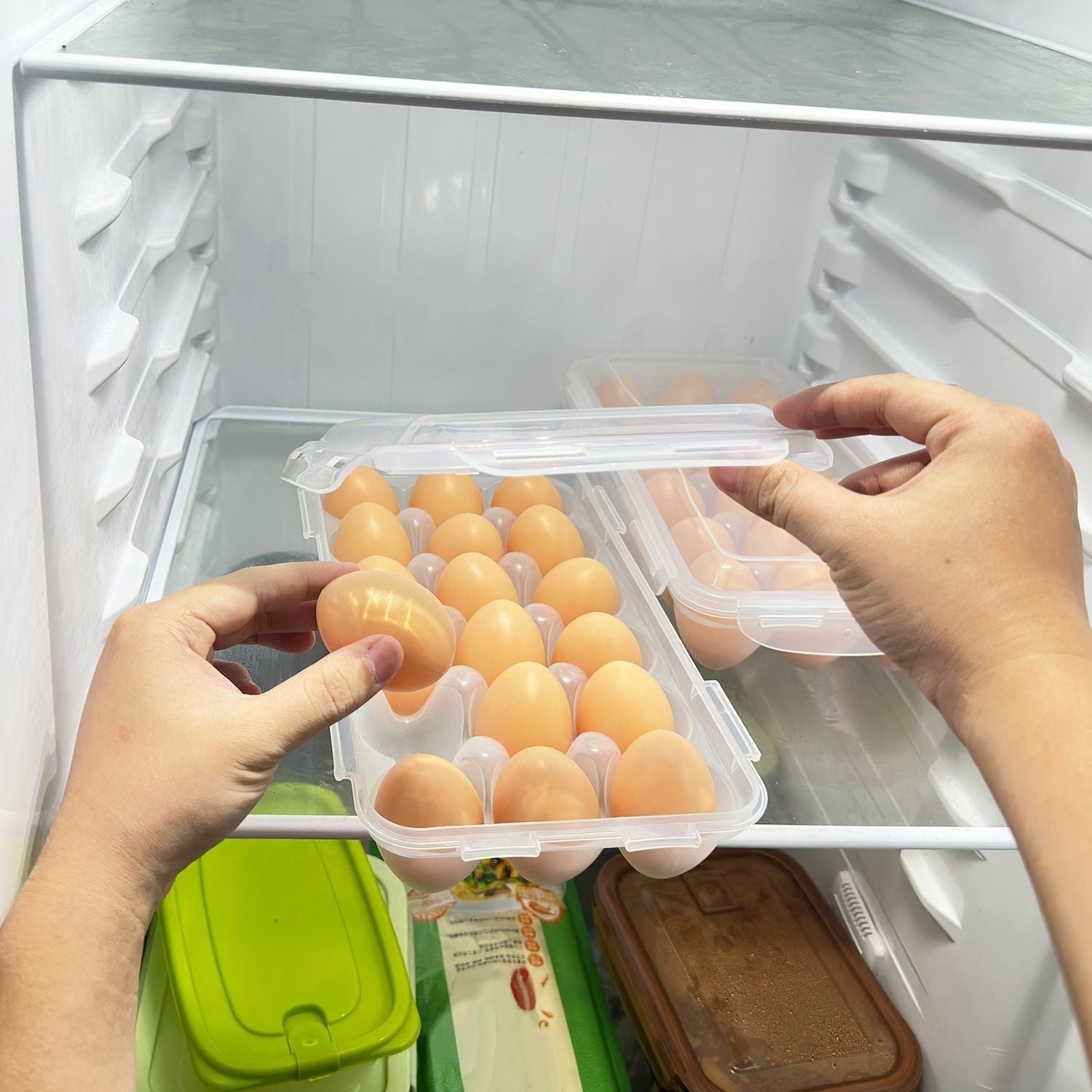 2Pcs Egg Holder Stackable Plastic Egg Storage Box Egg Rack for Refrigerator with 18 Cavity Per Container Dishwasher Safe