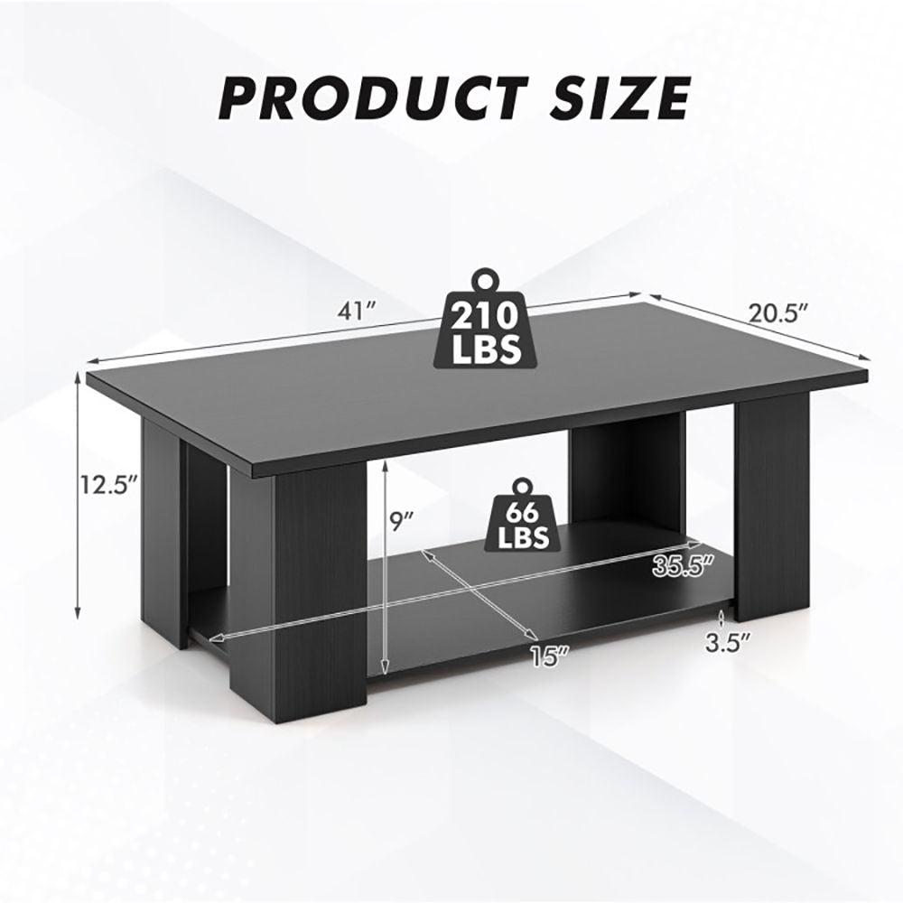 Large 41 Inch 2-tier Wooden Modern Coffee Table with Storage Shelf living room table