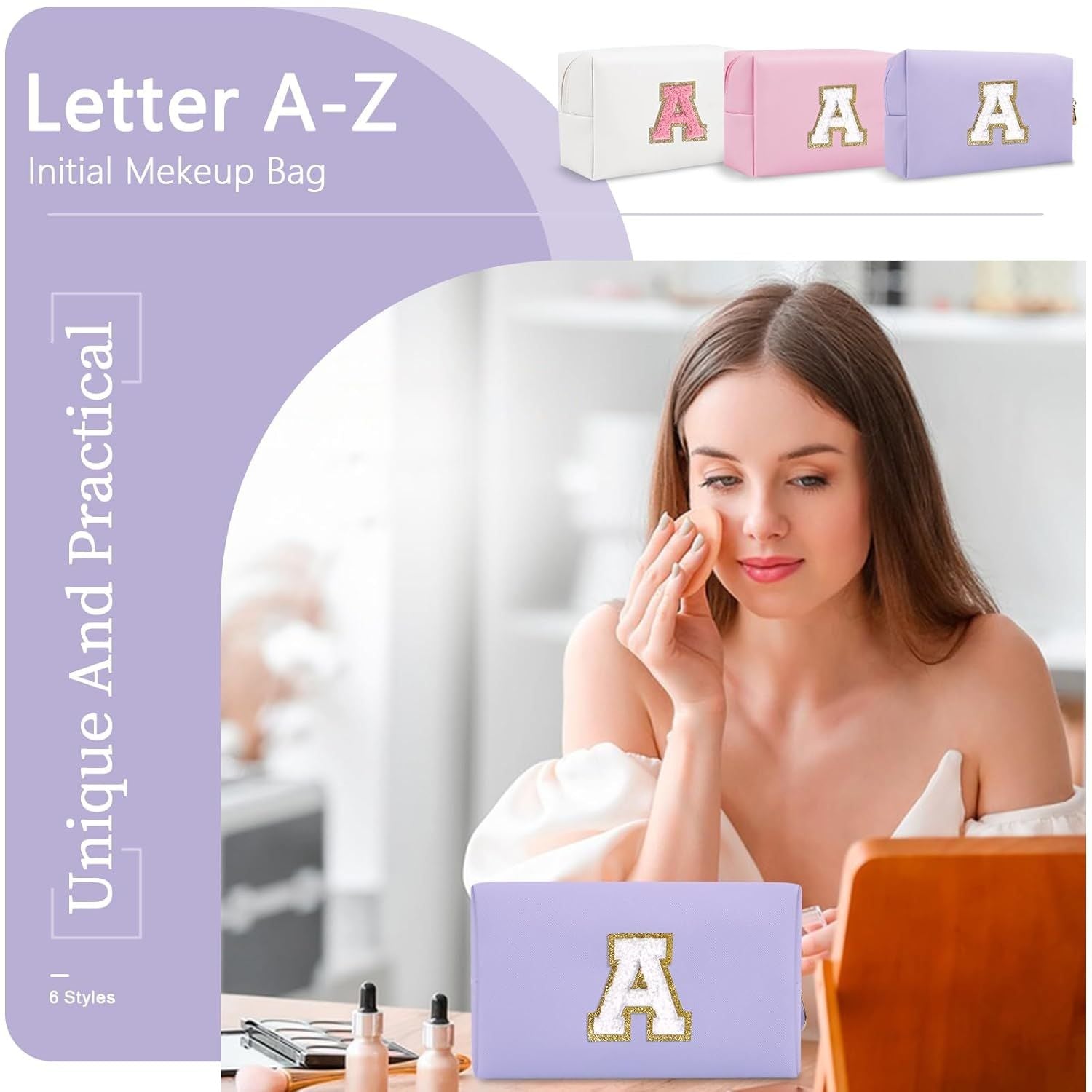 Personalized Makeup Bag Initial A-Z Preppy Patch Bag,Small PU Leather Travel Cosmetic Bag Pouch with Zipper,Purple Cute Toiletry Bag,Gift Ideal for Teen Girls Women Birthday Friend Mom,Latter A