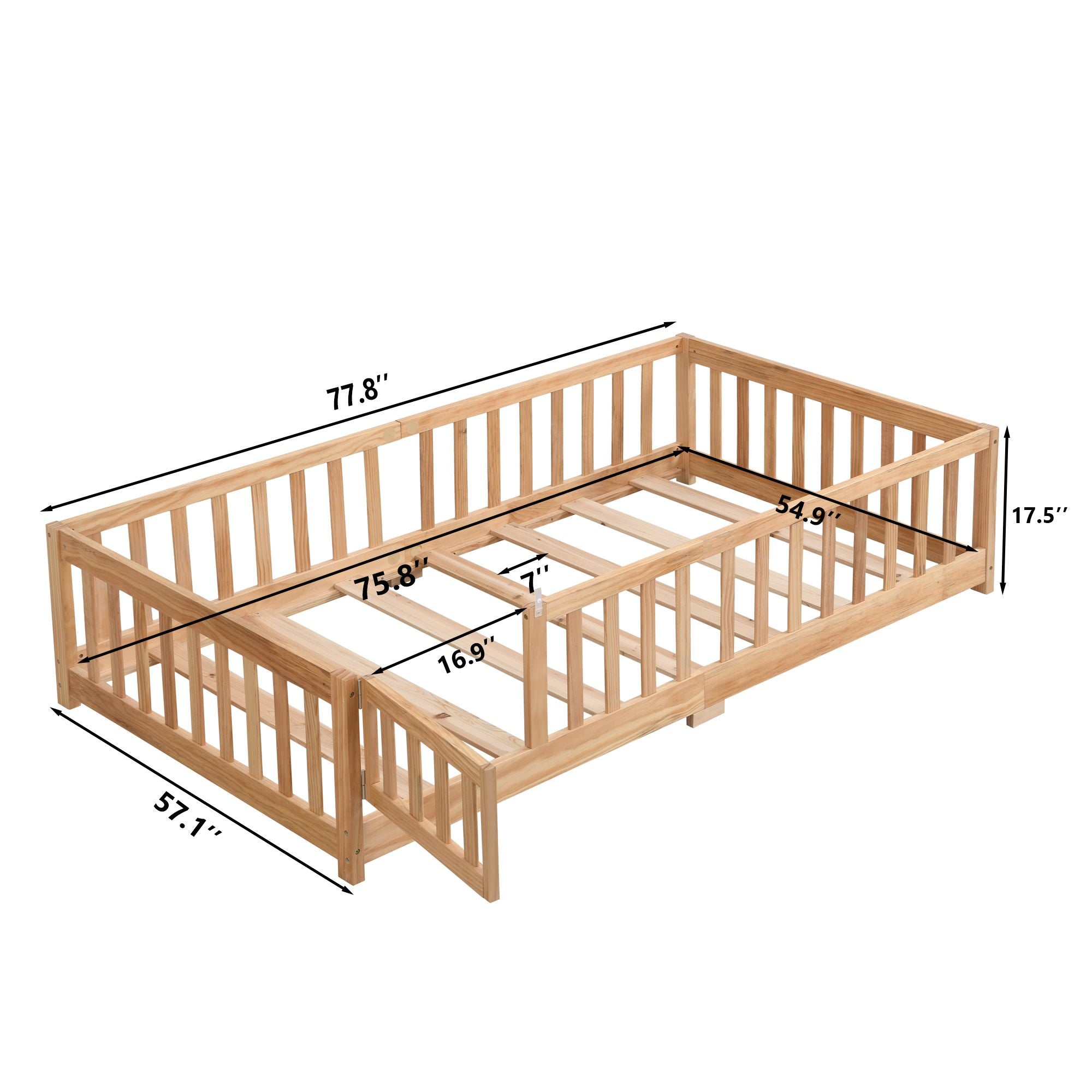 Full Size Floor Bed with Door, Solid Wood Platform Bed Frame with Fence, Suitable for children, Pine Wood