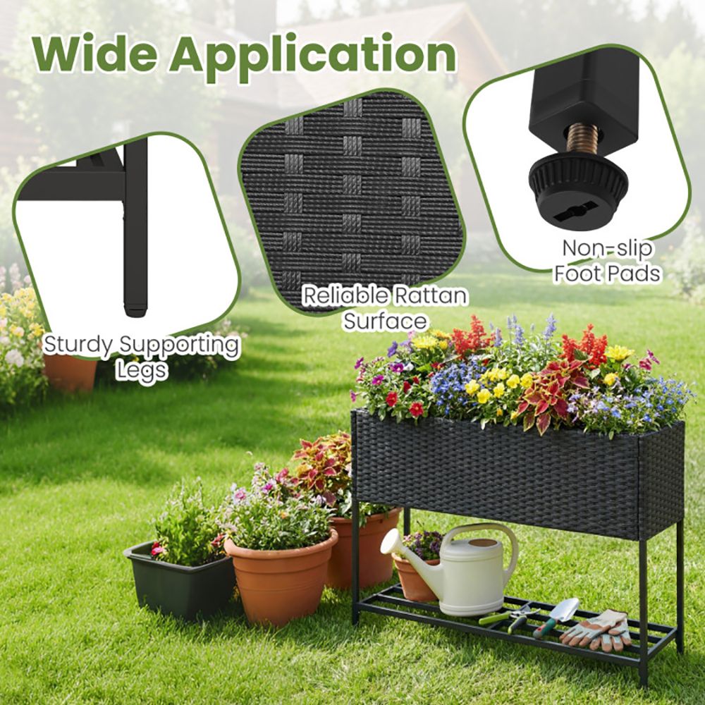 Raised Wicker Garden Bed with Storage Shelf and Removable Liner