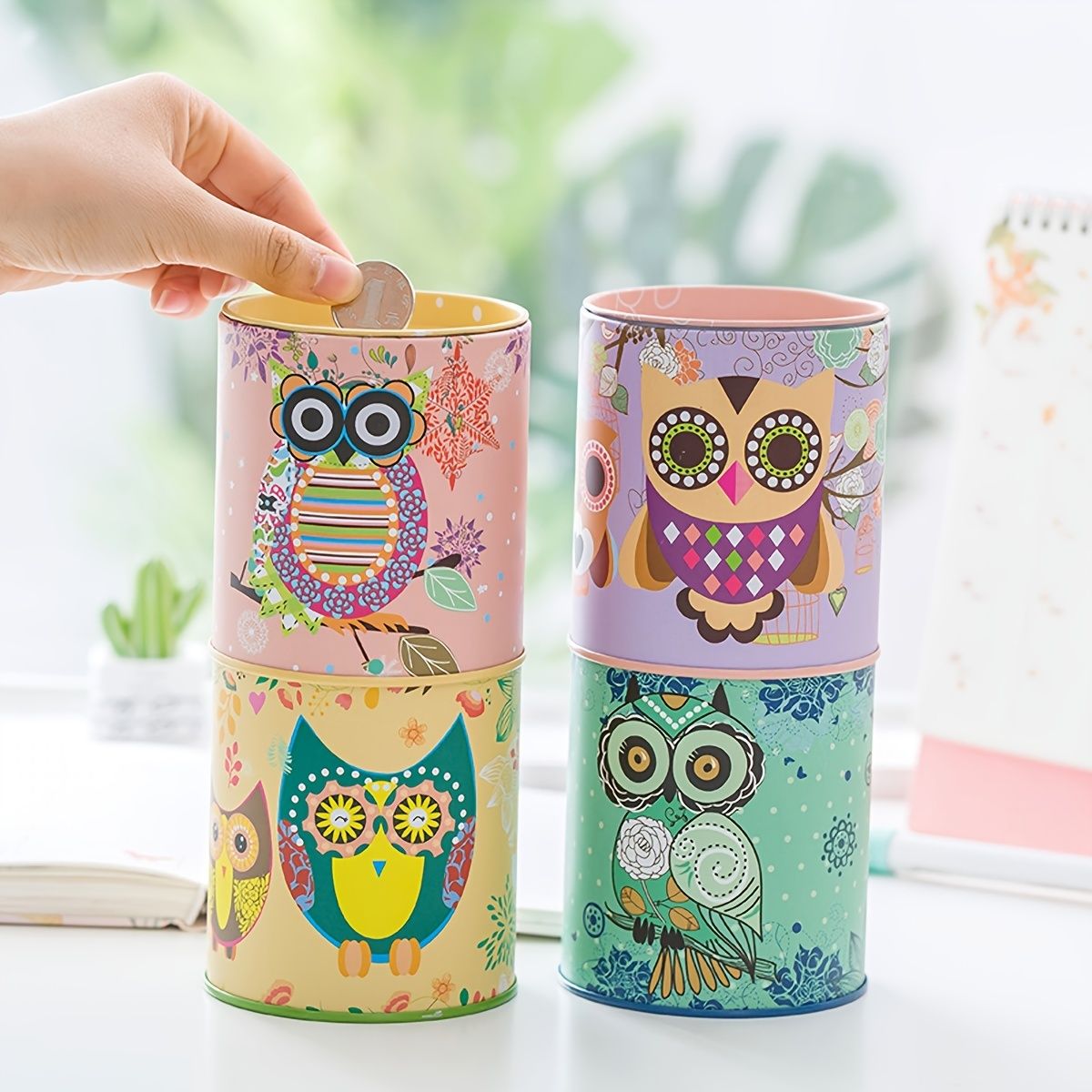 1pc Cartoon Owl Houndstooth Iron Material Round Storage Tank Money Bank