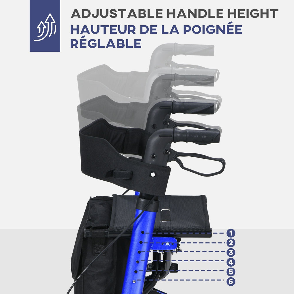Rollator for Seniors with Seat, Back, Cane Holder, Aluminium Folding Rolling Walker with Adjustable Handle, Bag, Blue
