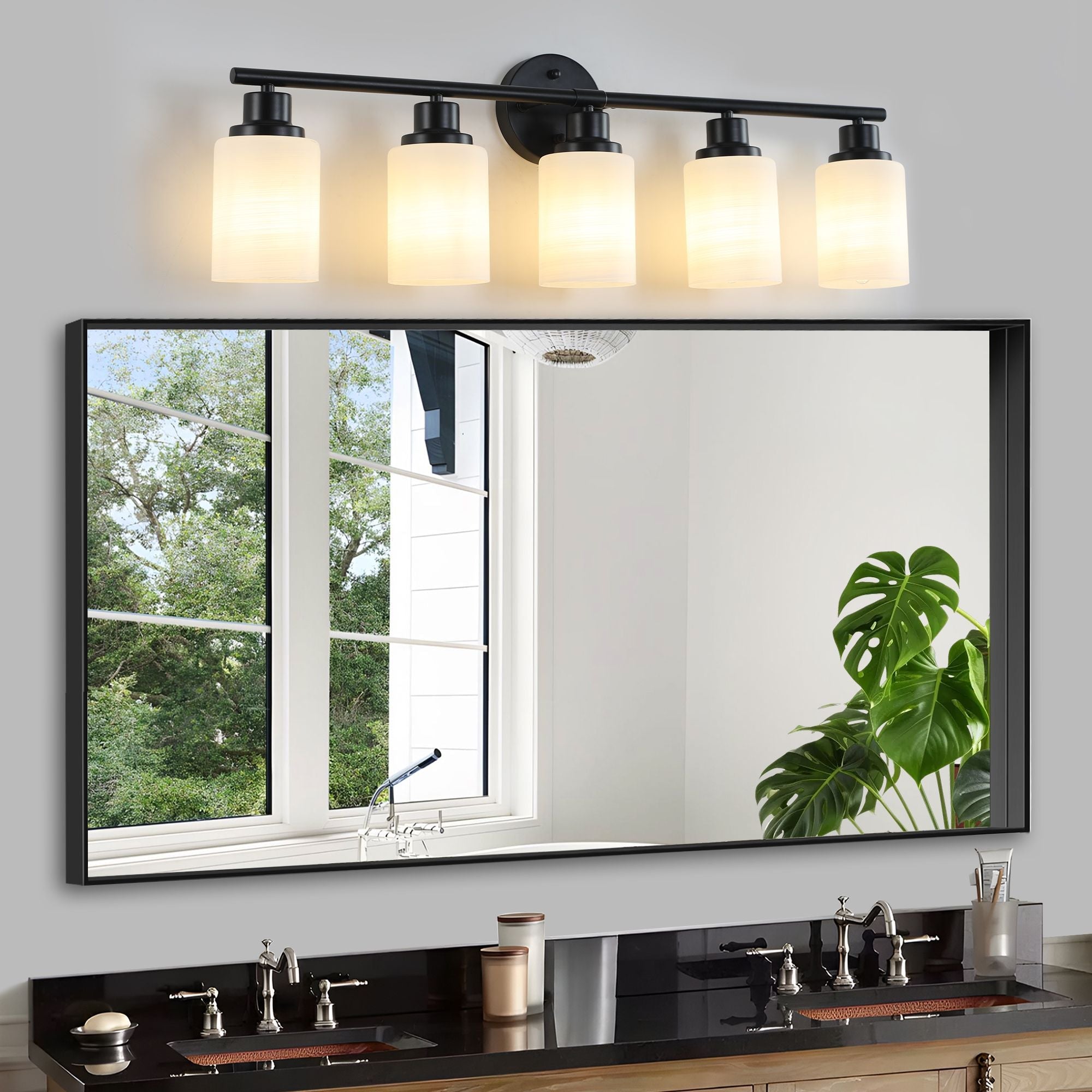 31" Modern 5-Light Vanity Bathroom Mirror Light, Frosted White Glass with Black Iron Frame, Contemporary Wall Sconce for Bedroom, Bathroom, and Dressing Room (Bulb Not Included)