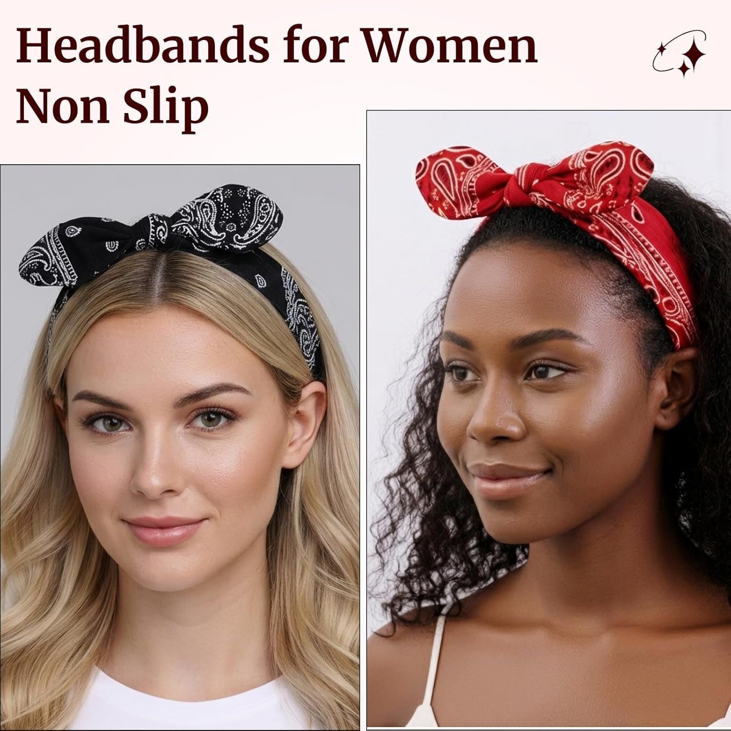2 Pack Bandana Headbands for Women Non Slip, Cute Retro Paisley Print Hair Bows with Rabbit Ear Knot, Elastic Turban Headwraps, Vintage Boho Hair Accessories for Girls