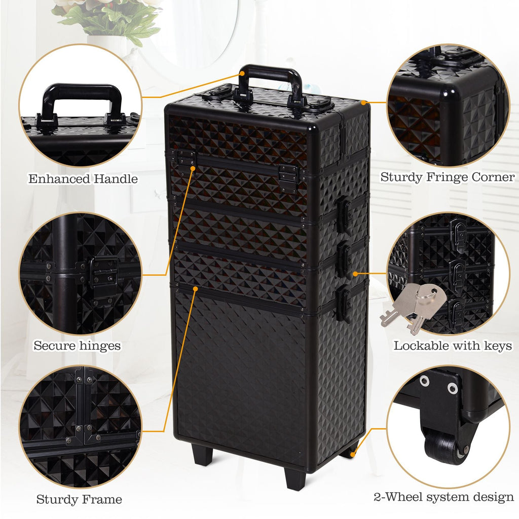 4 in 1 Makeup Train Case Portable Aluminum Rolling Cosmetic Organizer Trolley with Wheels Multiple Compartments Black