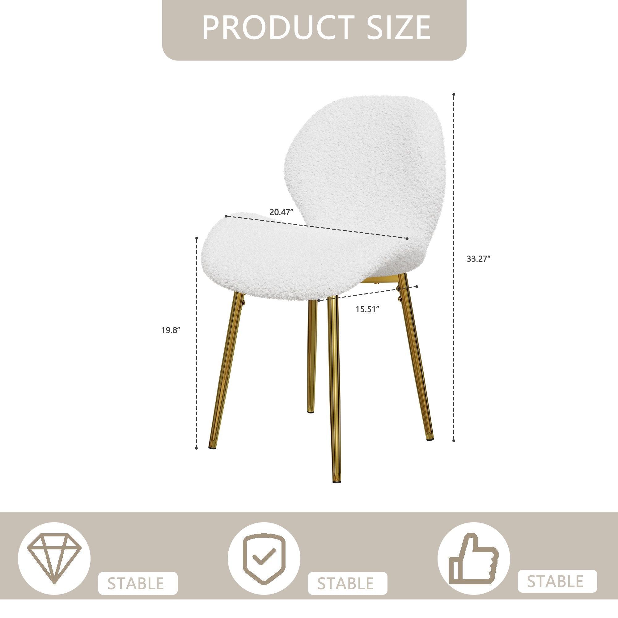 Modern minimalist white teddy velvet Dining Chairs Set of 2 with sturdy gold metal legs and comfortable backrest design, suitable for restaurants, kitchens, and offices.