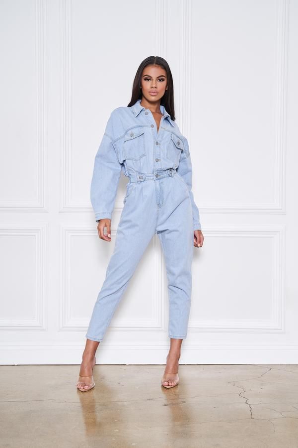 Button Front Pocket Design Long Sleeve Light Blue Jumpsuit