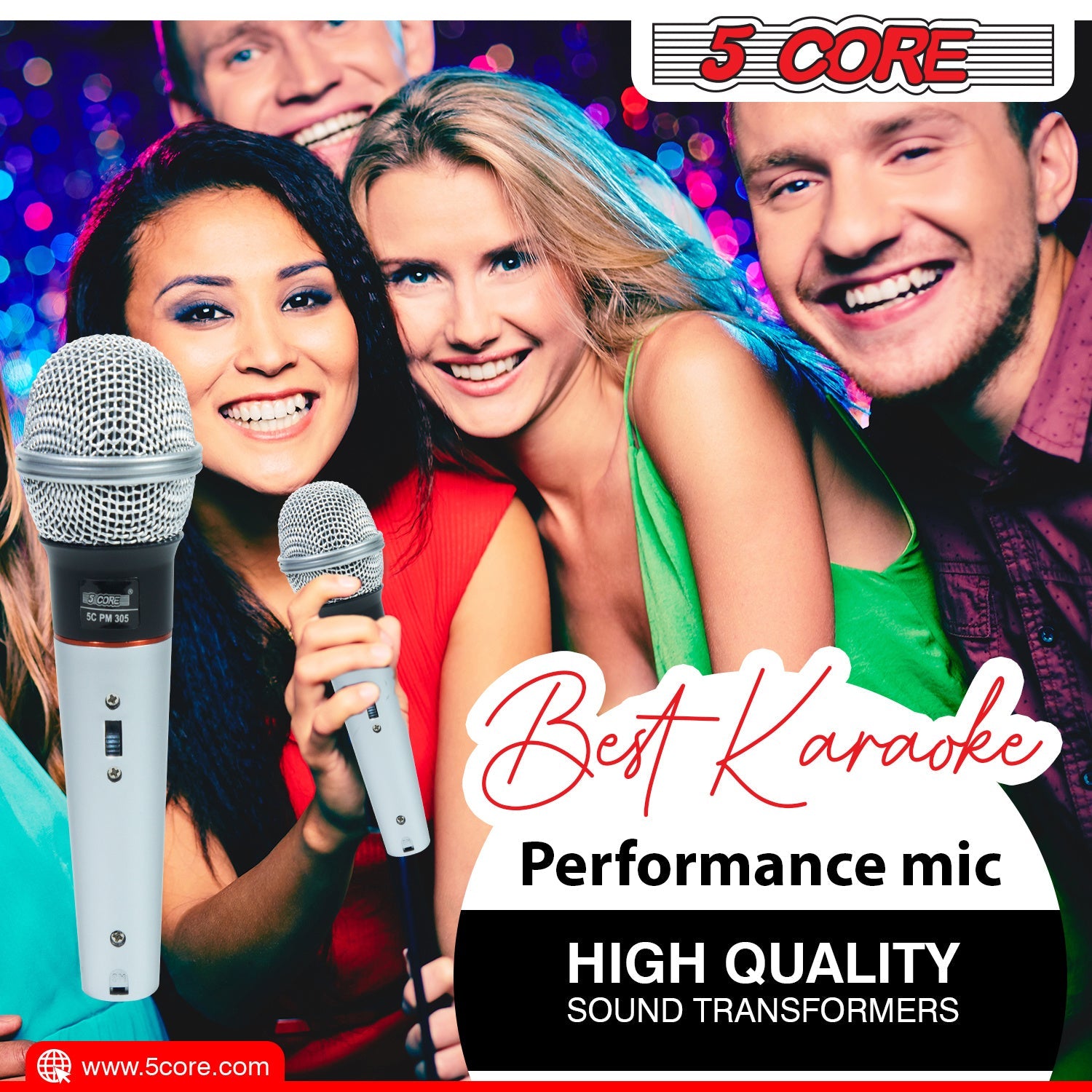 5 Core Microphone Wired Dynamic Vocal Handheld Mic Cardioid Karaoke Unidirectional Microfono w On and Off Switch Includes XLR Audio Cable for Singing, Public Speaking & Parties PM 305