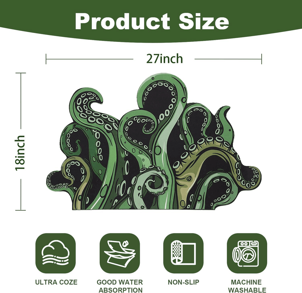 Green And Purple Cthulhu Rugs Water Absorbent Bath Mat Octopus Anime Rug Graphic Gothic Bathroom Rugs Fantasy Decorate, Non Slip Backing, Unique Gift & Decor for Gamers, 27x18 in