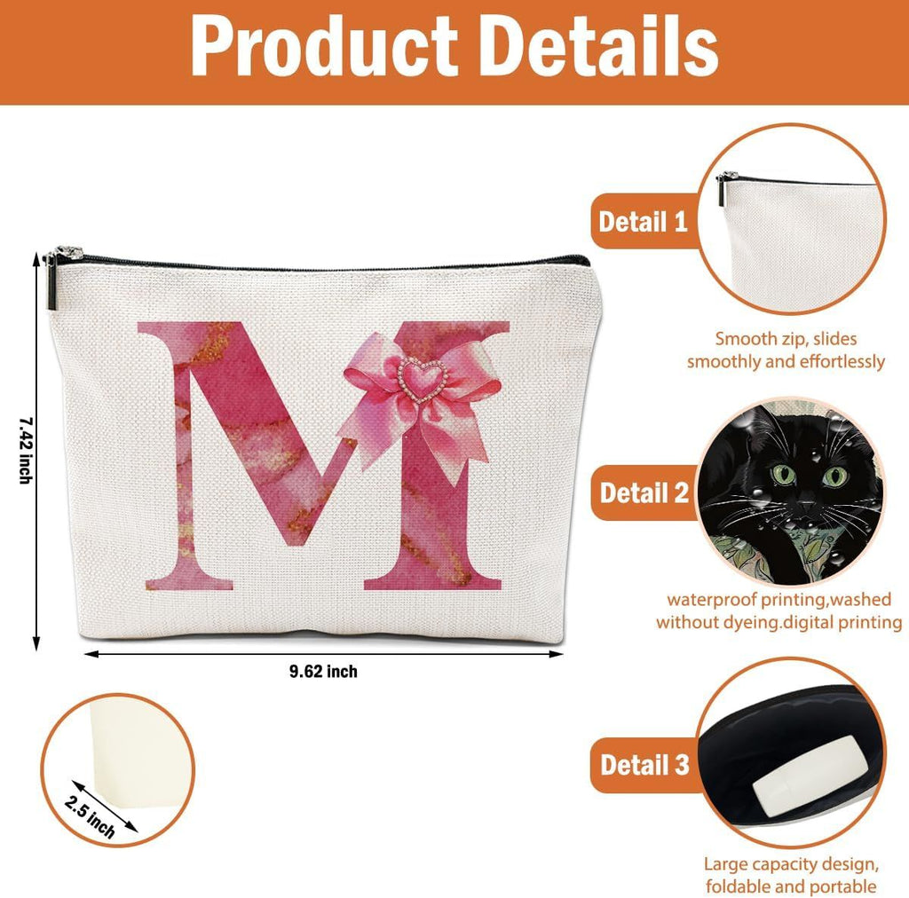 Personalized Initial Makeup Bag, Monogram Bow Travel Toiletry Make Up Bags Cute Preppy Cosmetic Bag Pouch Makeup Organizer Mothers Day Wedding Birthday Gifts for Women Friends Sister Girls Pink M