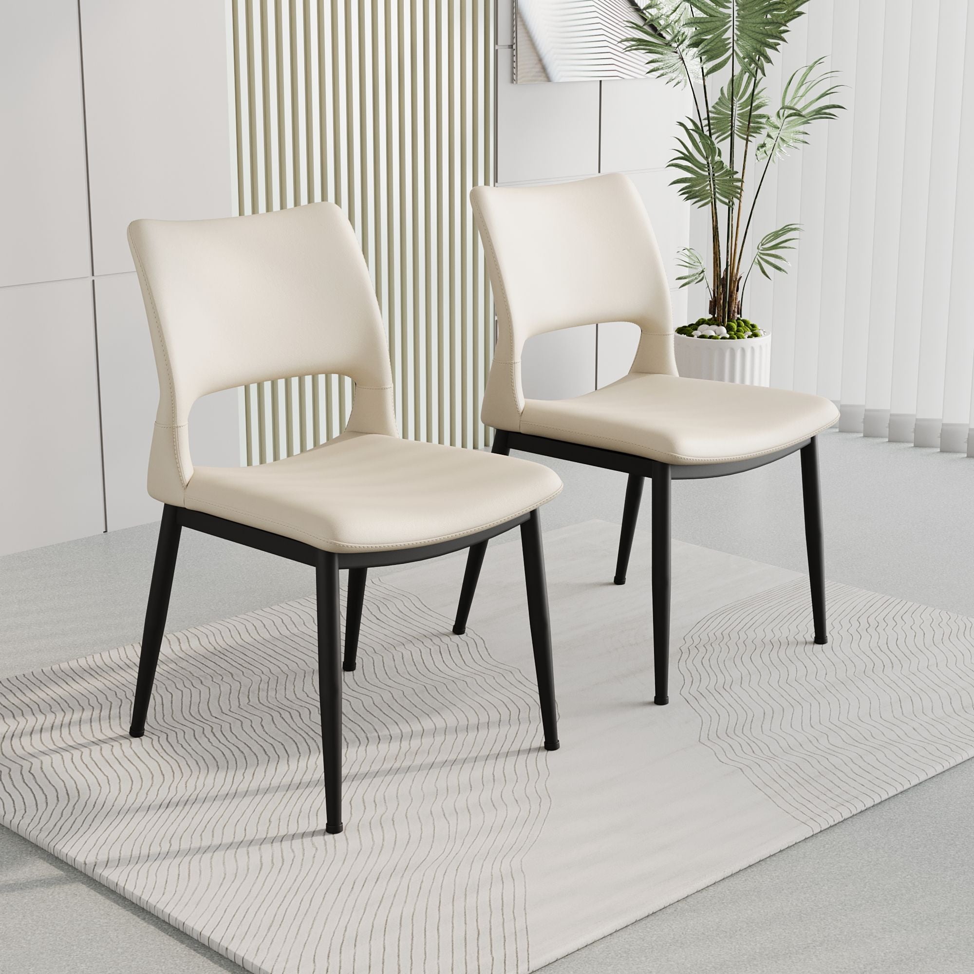 Modern minimalist black PU leather Dining Chairs Set of 2, comfortable backrest design, metal leg support, suitable for restaurants, kitchens, and offices.