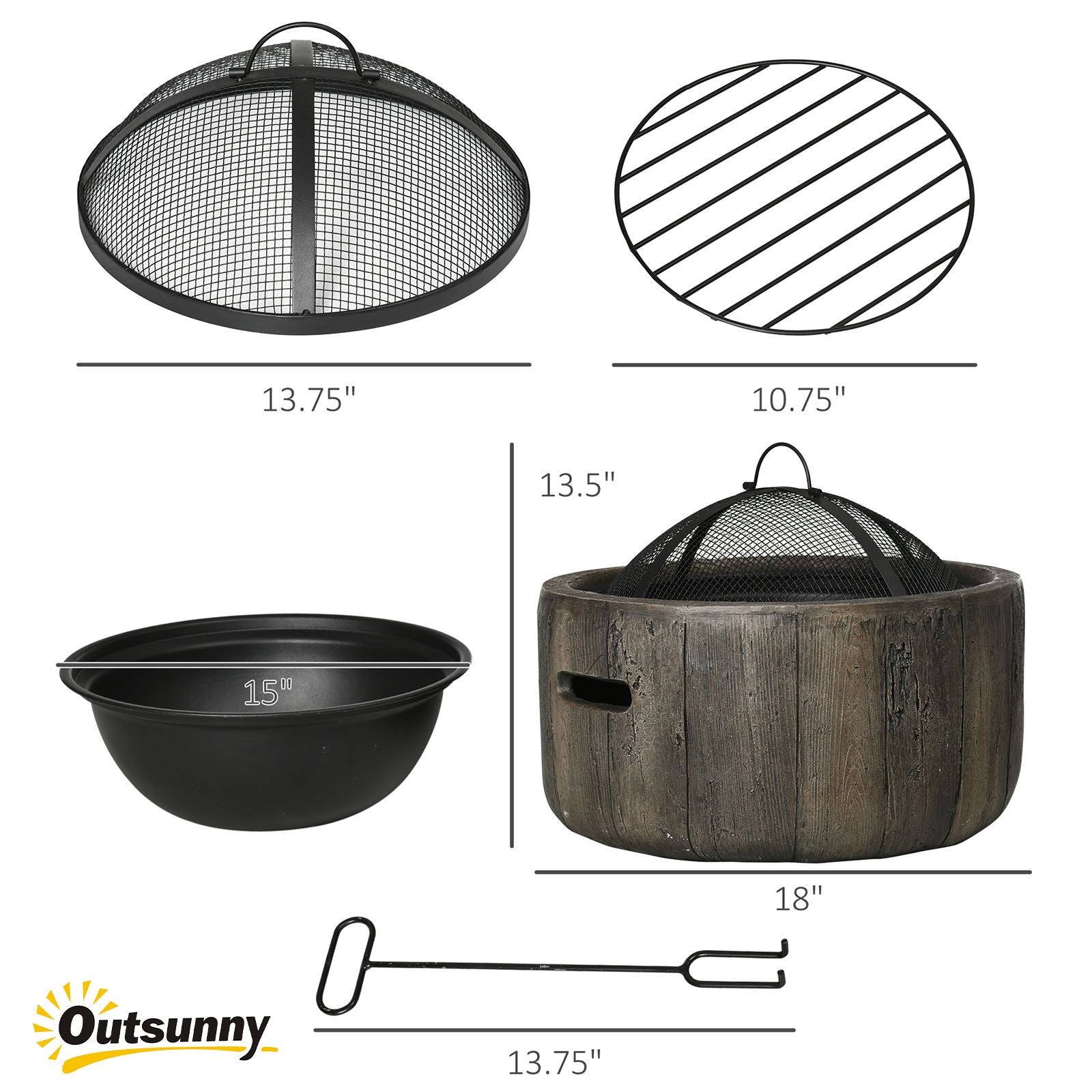 Outdoor Fire Pit with Stump Effect, 18-inch Wood-burning Brazier Fireplace with Spark Screen & Poker for Backyard Camping Bonfire, Dark Brown