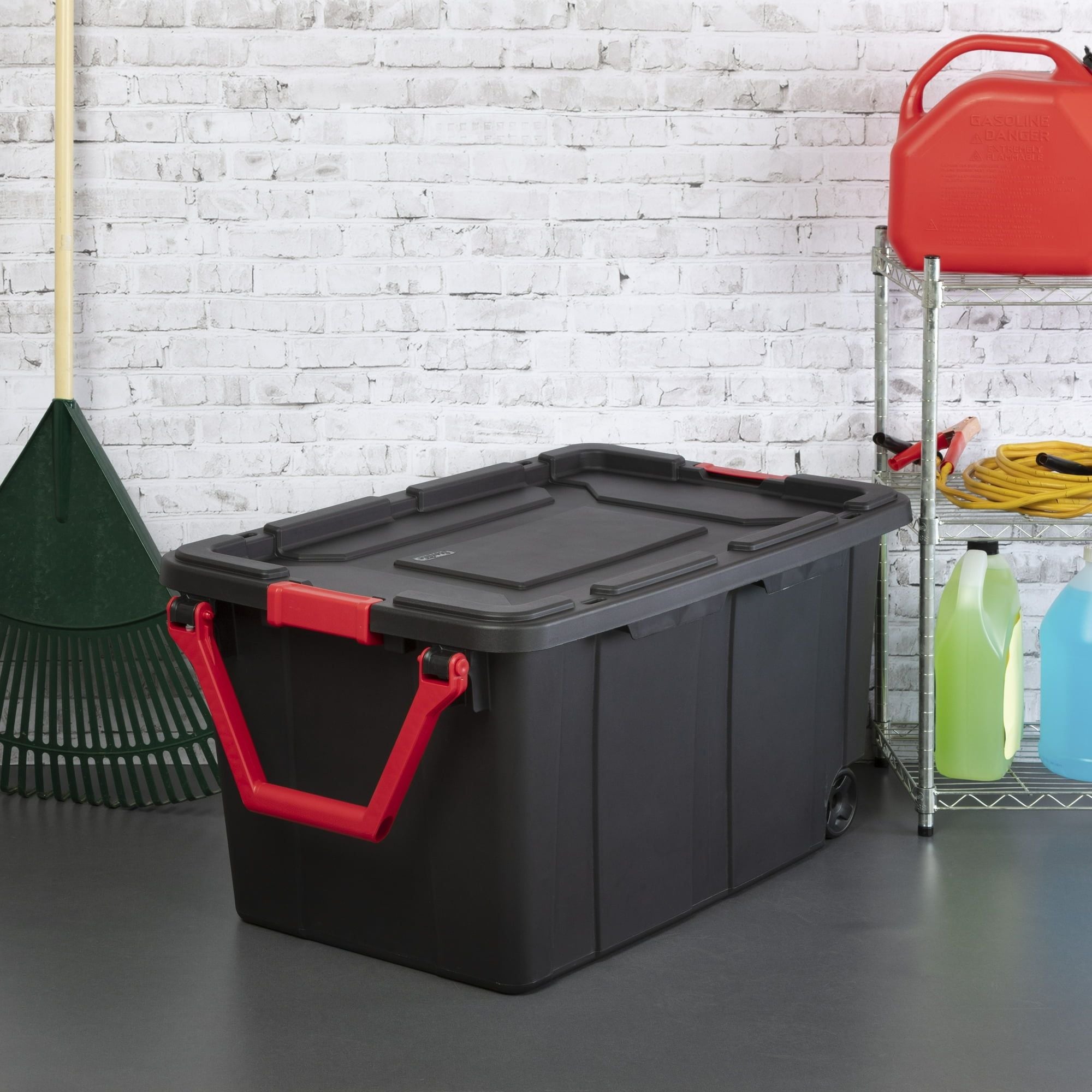 40 Gallon Wheeled Plastic Storage Container with Handle, Black, Pack of 2, Industrial