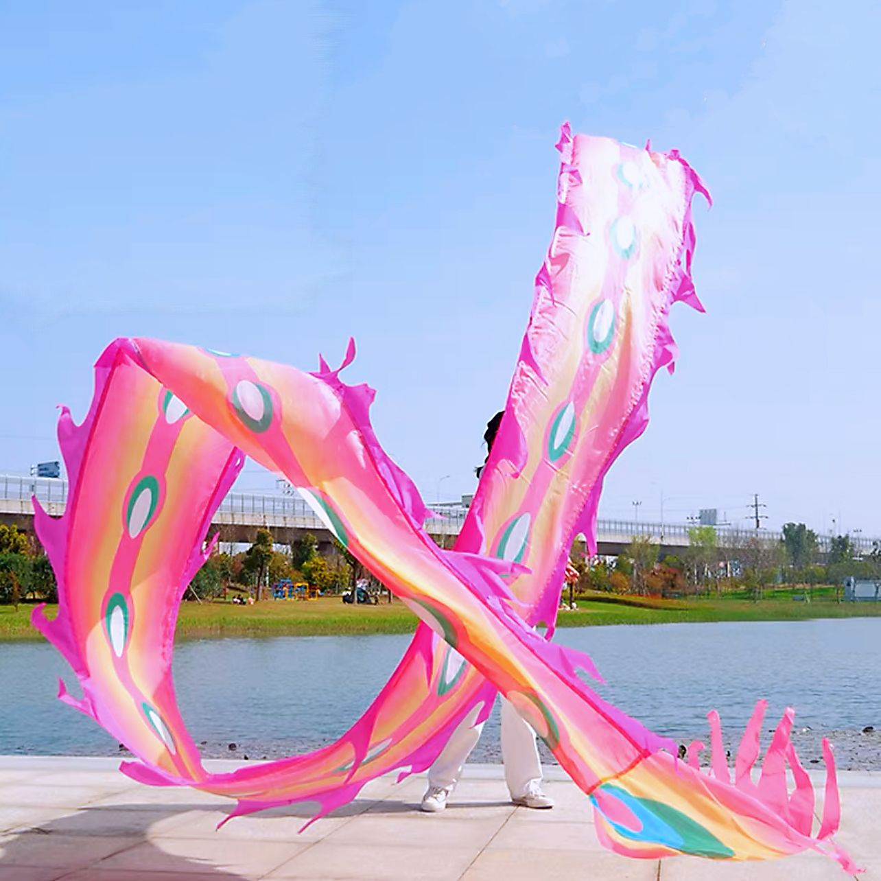 19.6ft Washable Silk-like Dragon Poi for Kids & Adults, 6 meters of Outdoor Flinging Fitness Dance with 3D Rainbow Color Dragon Ribbon Streamer Set