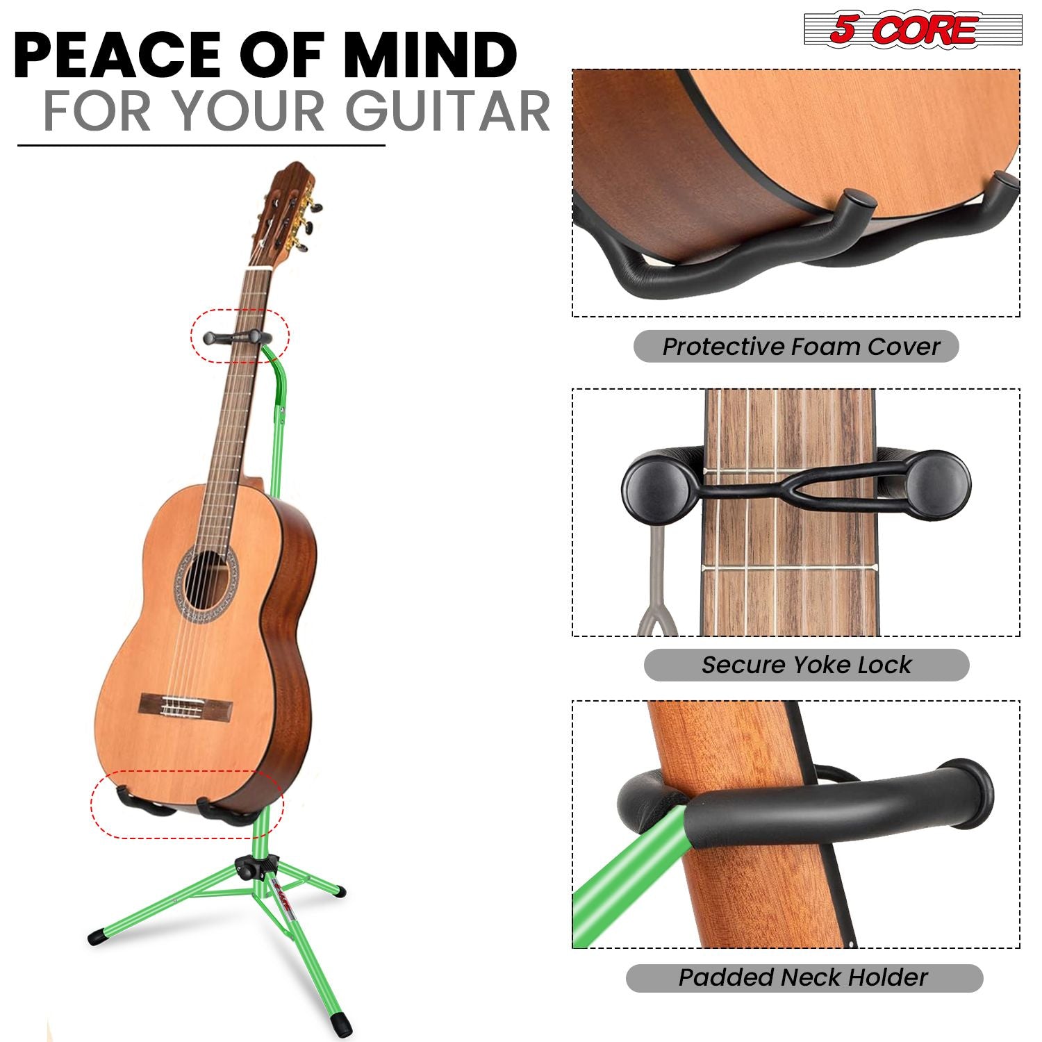 5 CORE Guitar Stand Floor Adjustable Heavy Duty Tripod Acoustic Electric Bass Cello Upright Folding Stands w Neck Holder For On Stage Studio - GSH HD GR