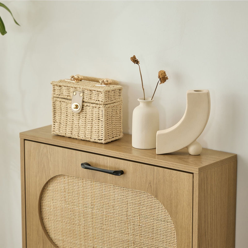 Rattan Shoe Cabinet with 2 Flip Doors, Narrow Freestanding Shoe Organizer, Modern Narrow Shoe Storage Cabinet with Metal Legs for Entryway, Hallway, Closet (Natural)