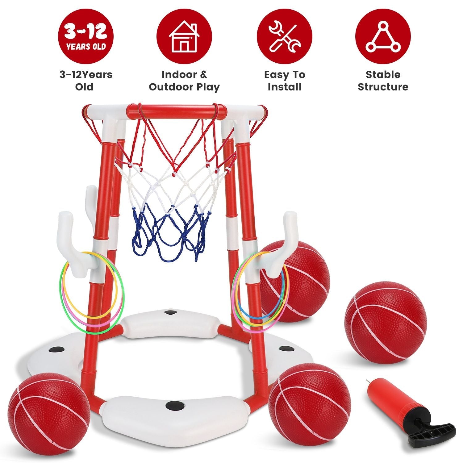 Summer Pool Basketball Hoop Toy Set With 4 Basketballs 4 Circles Pump Floating Swimming Pool Basketball Games Poolside Water Play Toy For 3-12Years Old Kids Adults