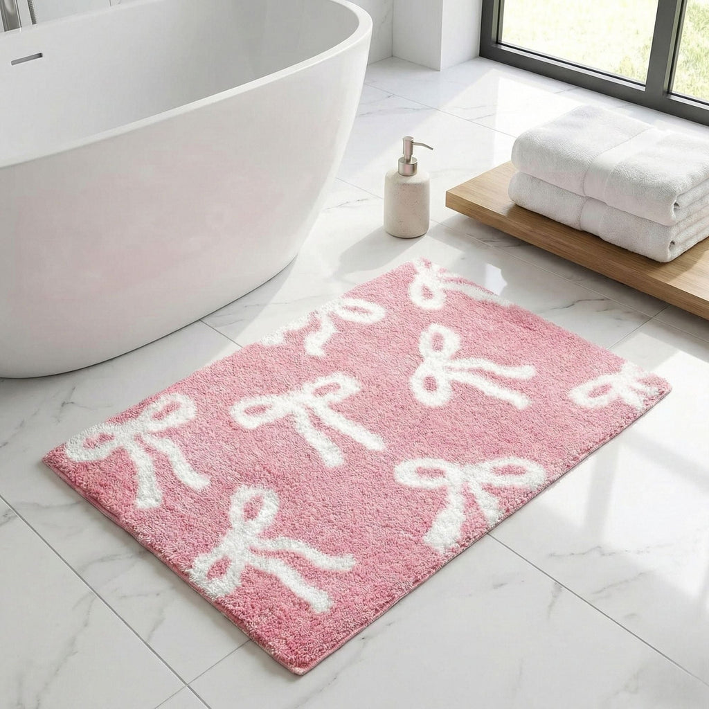 Bow Coquette Cute Bath Mat (20 X 32 Inch) – Non-Slip Absorbent Bathroom Rug For Vanity, Shower, Bedroom & Kitchen | Perfect Christmas Holiday Decor & Gift
