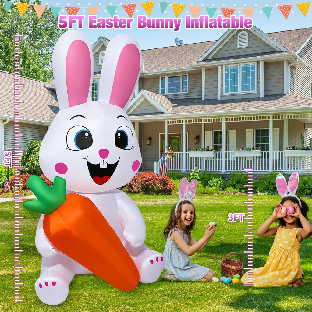 5 Ft Easter Inflatables Easter Decorations, Blow up Easter Bunny with LED Lights Baskets Light up Easter Decor, Easter Decorations for Home Holiday Party Indoor Outdoor Garden Lawn