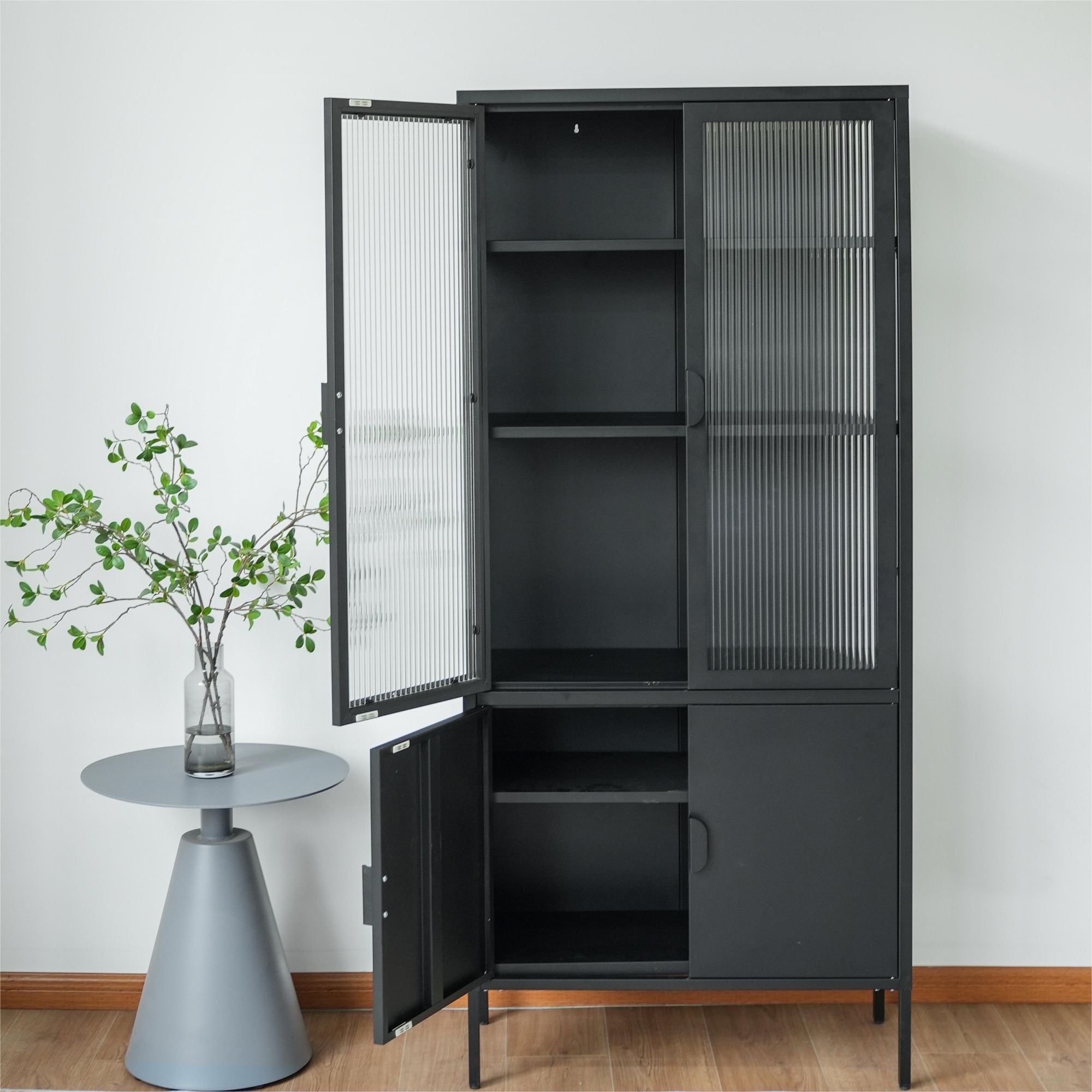 Elegant Matte Black Metal and Glass Storage Cabinet with Adjustable Shelves