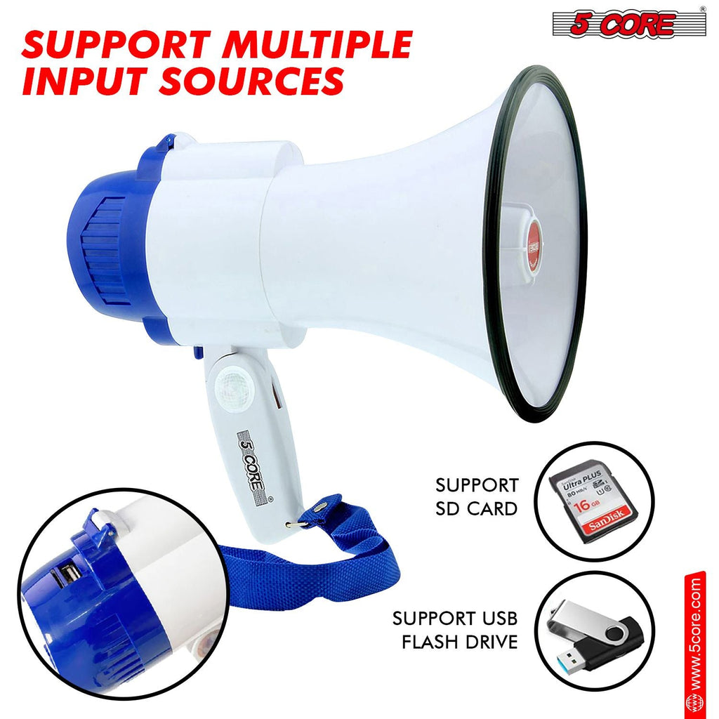5 Core Megaphone 30W Bull Horn PA Speaker w 800 Yards Range USB Loud Siren Voice Amplifier Portable