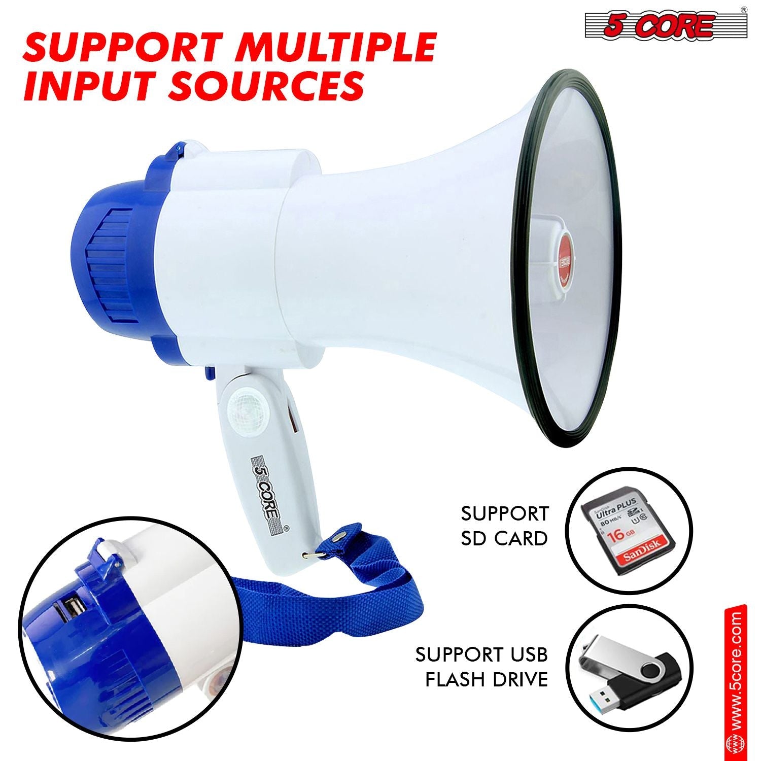 5 Core Megaphone 30W Bull Horn PA Speaker w 800 Yards Range USB Loud Siren Voice Amplifier Portable