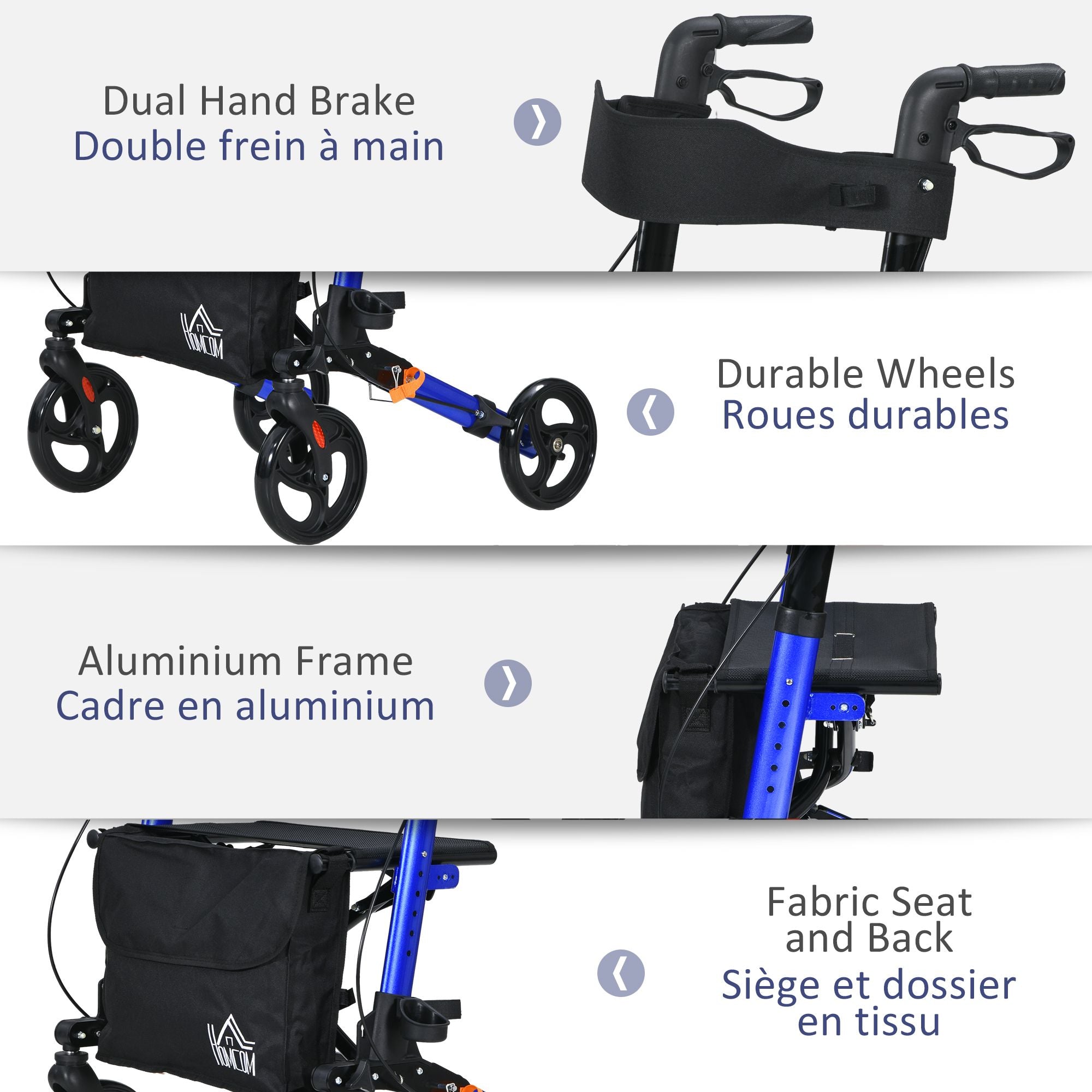 Rollator for Seniors with Seat, Back, Cane Holder, Aluminium Folding Rolling Walker with Adjustable Handle, Bag, Blue