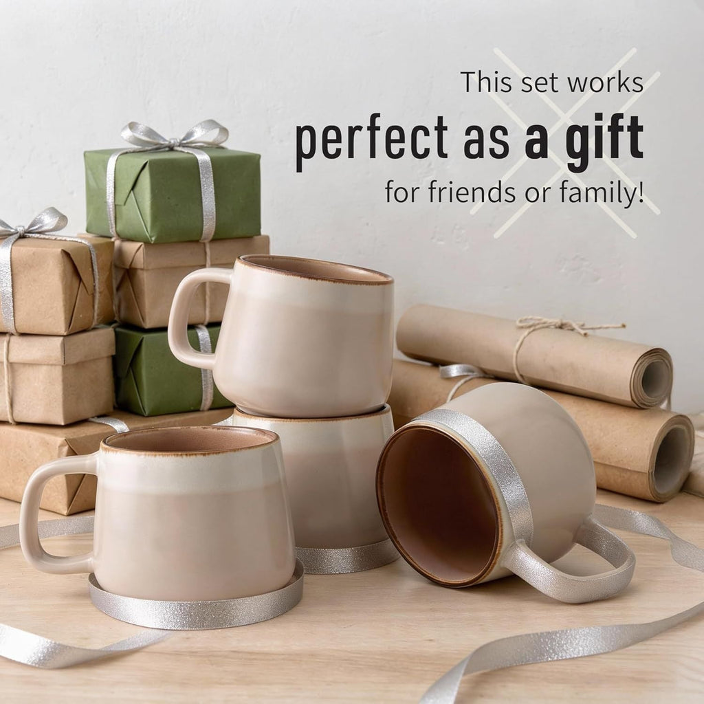 Small Ceramic Coffee Mugs Set of 4 | 8 oz Stoneware Coffee Cups | Lead-Free, Non-Toxic | Microwave & Dishwasher Safe | Comfortable Handle | Aesthetic Nordic Design for Cappuccino | Rose Sand