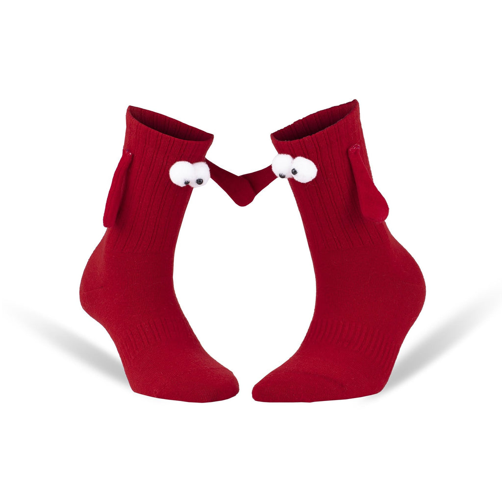 Red Magnetic Socks that Holding Hands with 3D Cartoon Eyes Couple Socks for Valentines Day 1 Pair