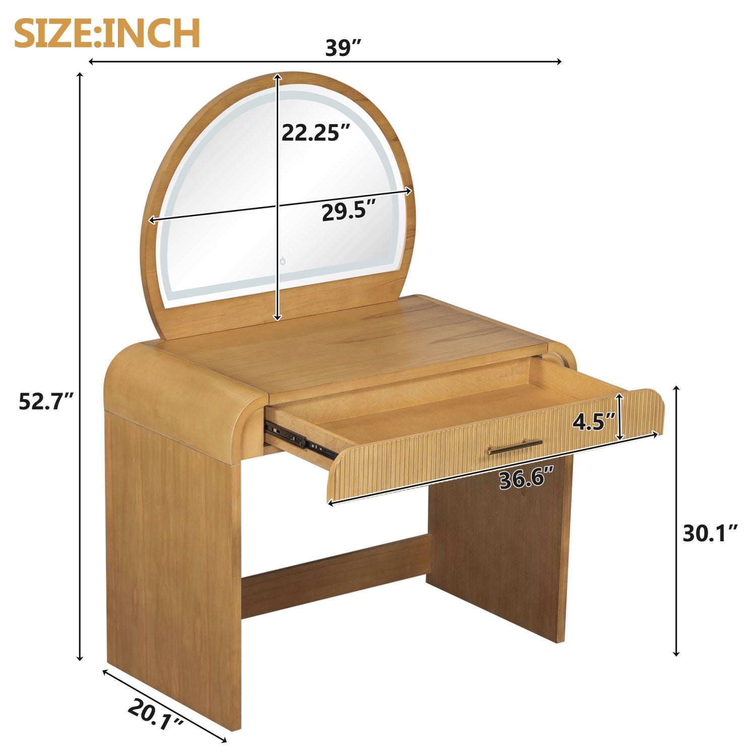 39" Makeup Vanity Table with Mirror Touch Screen Lighted Mirror, Dressing Table with Drawer for Bedroom, Natural